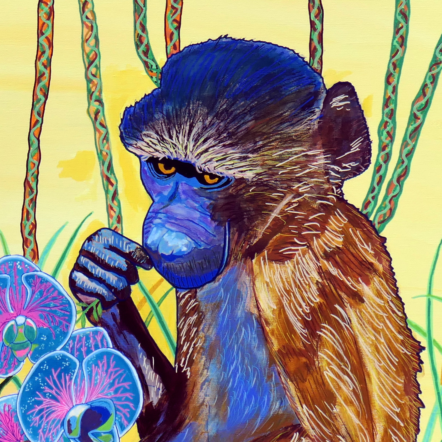 Pascal Poutchnine, Bébé babouin olive à la brindille, painting - Artalistic online contemporary art buying and selling gallery