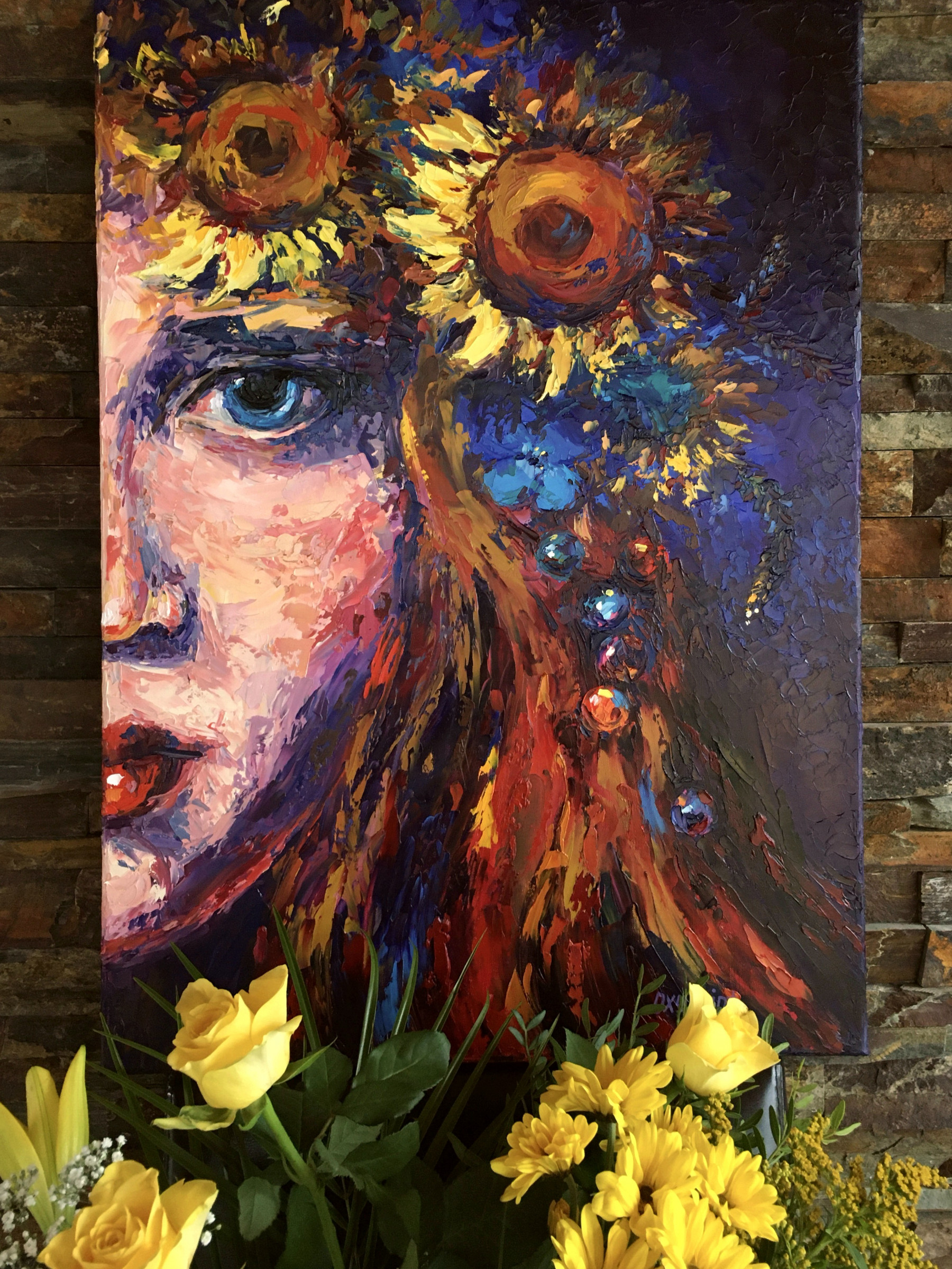 Oxypoint, Girl with a wreath of sunflowers, painting - Artalistic online contemporary art buying and selling gallery