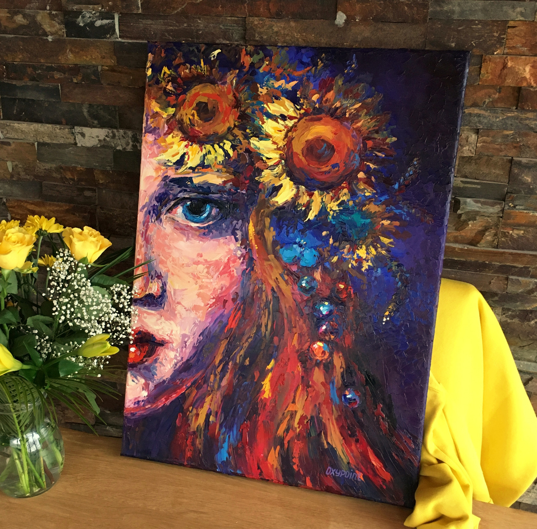Oxypoint, Girl with a wreath of sunflowers, painting - Artalistic online contemporary art buying and selling gallery