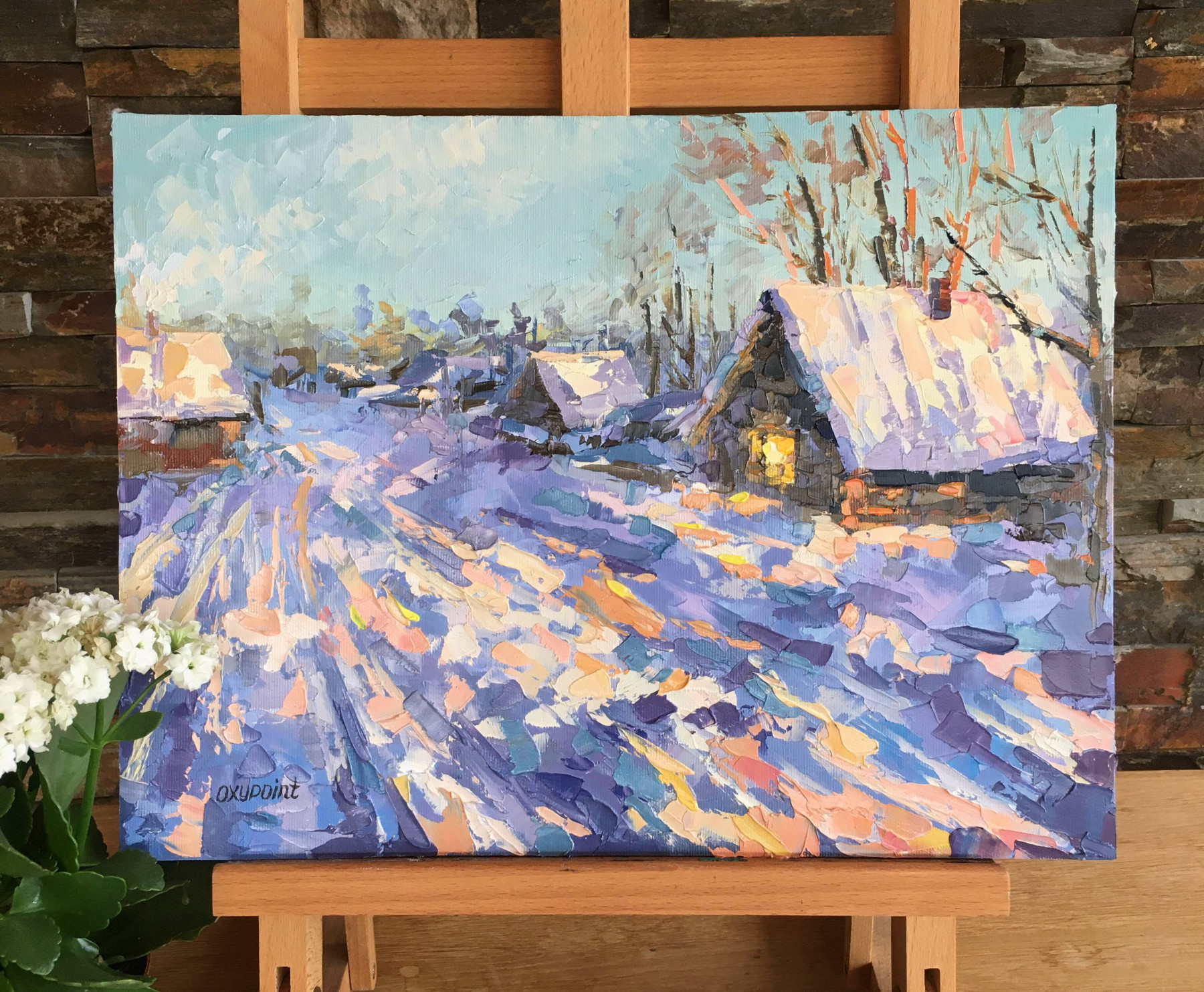 Oxypoint, Winter evening in the village, painting - Artalistic online contemporary art buying and selling gallery