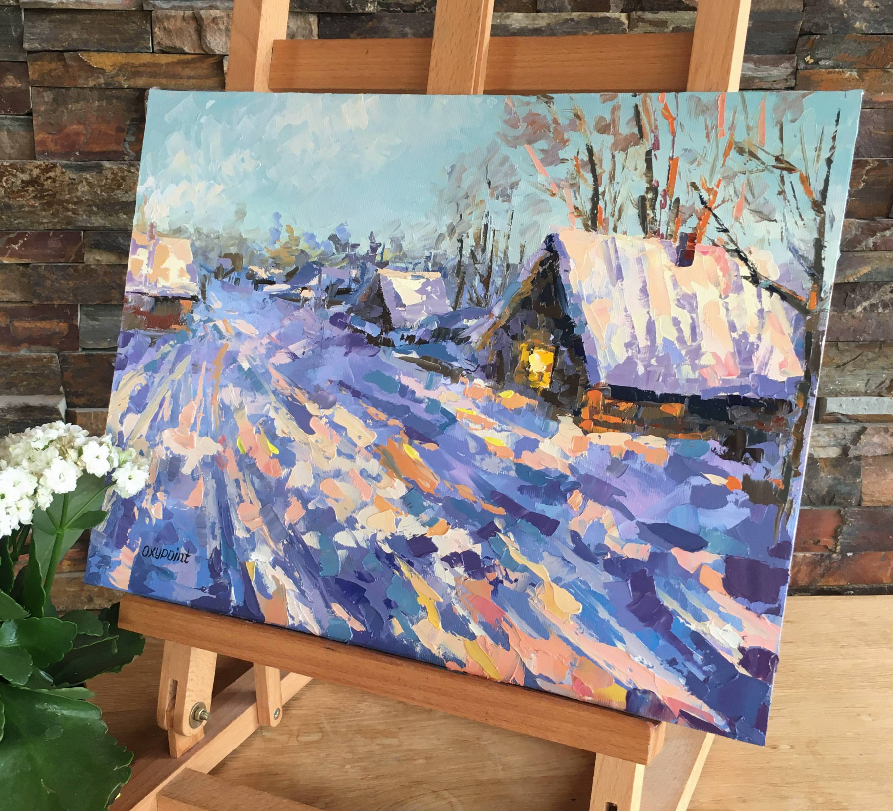 Oxypoint, Winter evening in the village, painting - Artalistic online contemporary art buying and selling gallery