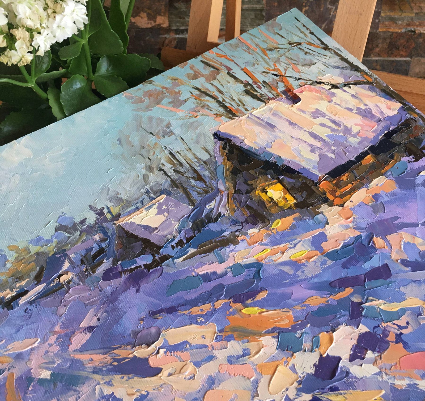 Oxypoint, Winter evening in the village, painting - Artalistic online contemporary art buying and selling gallery
