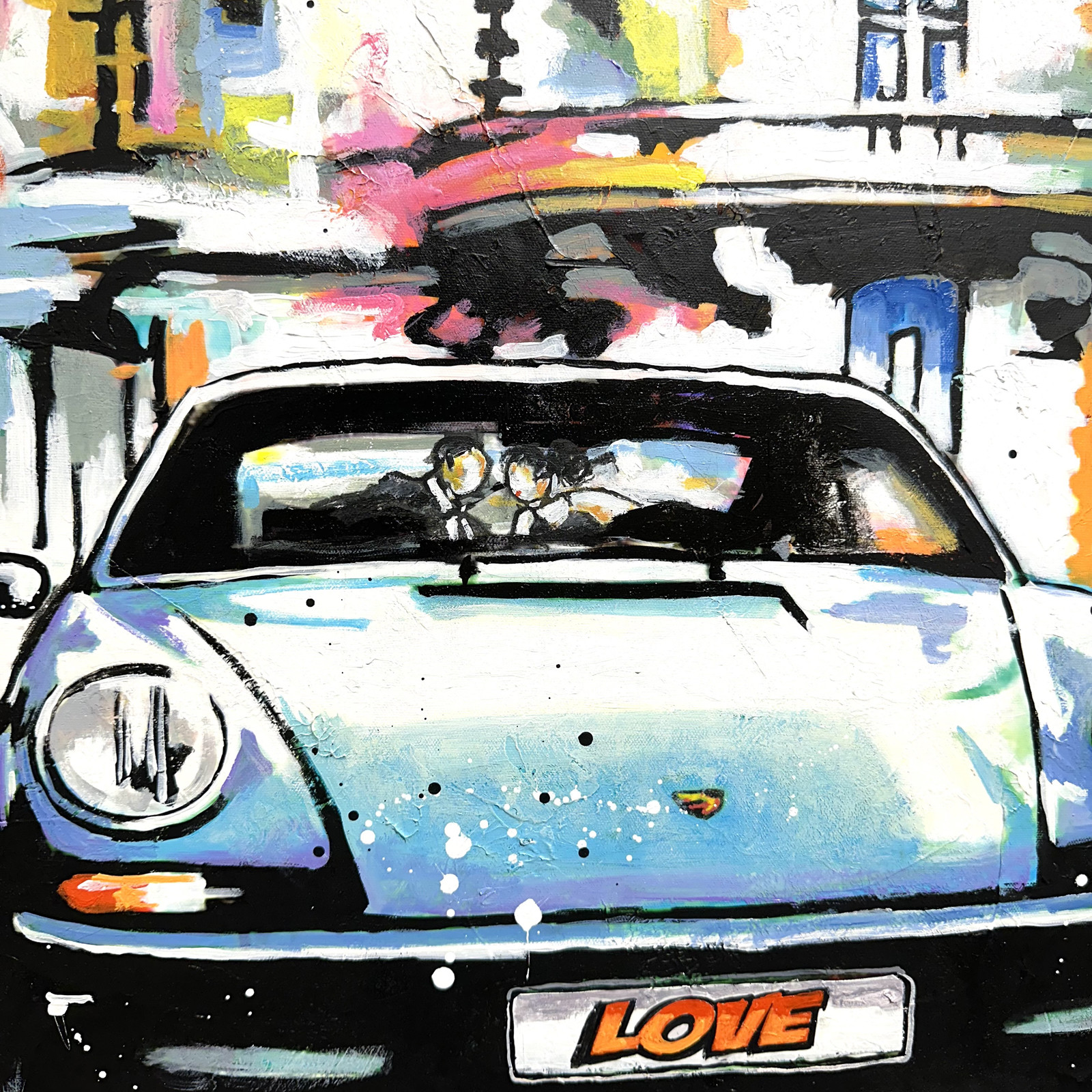 Patrick Cornée, Two lovers in a Porsche 911, painting - Artalistic online contemporary art buying and selling gallery