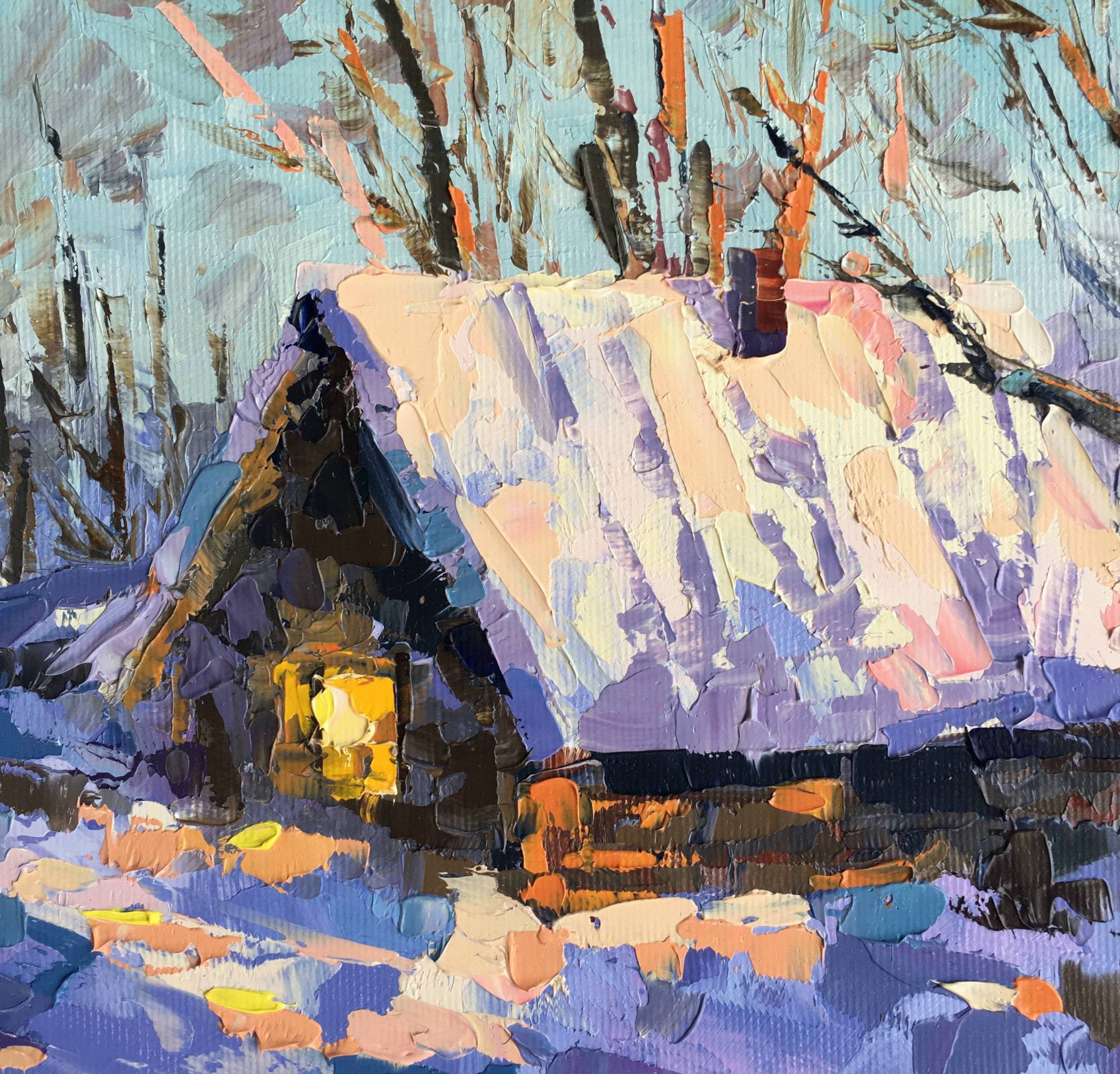 Oxypoint, Winter evening in the village, painting - Artalistic online contemporary art buying and selling gallery
