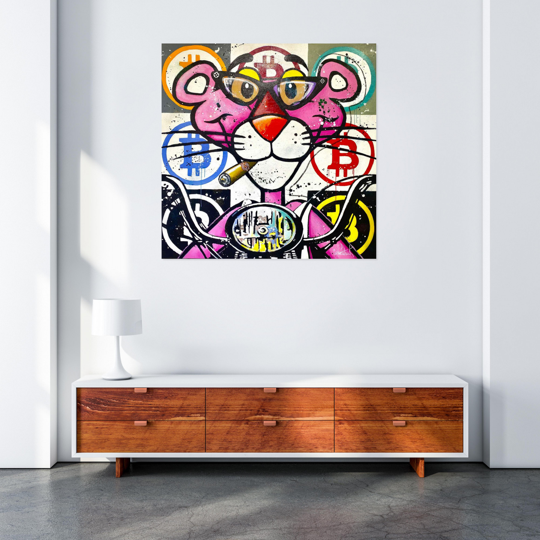 Patrick Cornée, Pink panther likes Bitcoins, painting - Artalistic online contemporary art buying and selling gallery