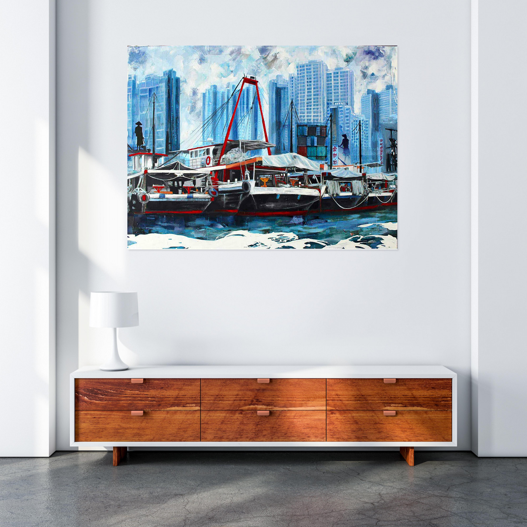 Nathalie Lemaitre, Les bateaux d'Aberdeen, painting - Artalistic online contemporary art buying and selling gallery