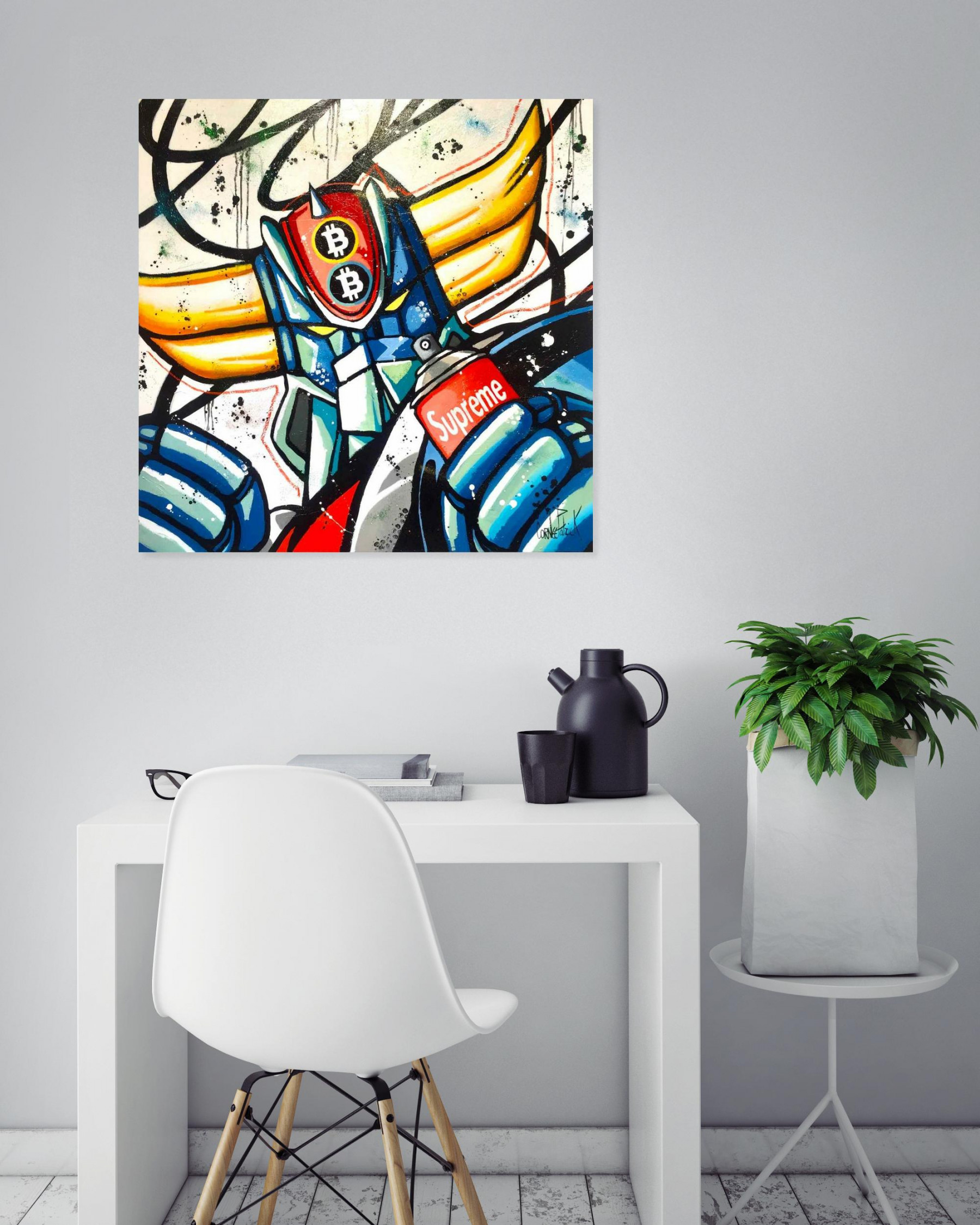 Patrick Cornée, Goldorak likes street art and bitcoin, painting - Artalistic online contemporary art buying and selling gallery
