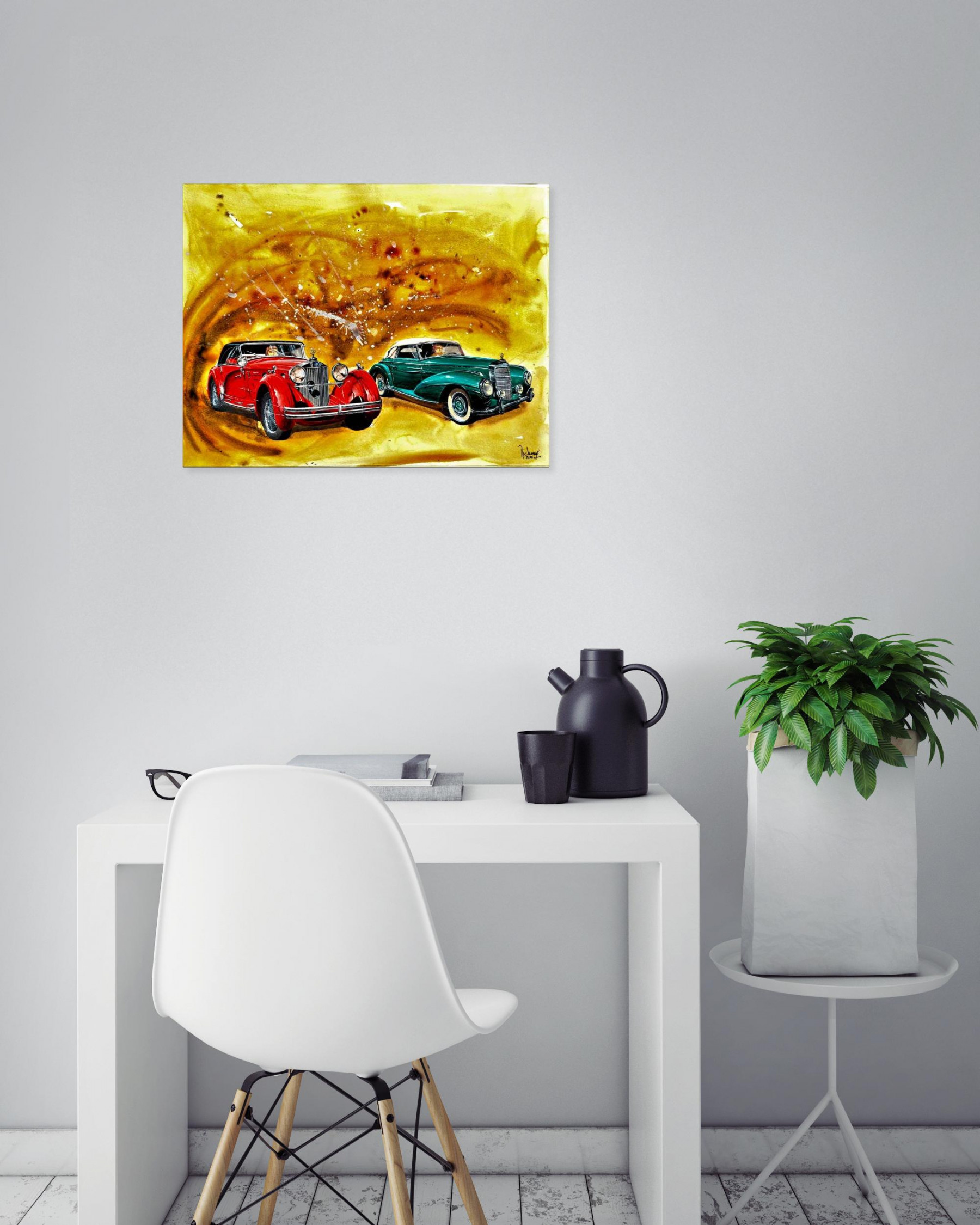 Michel Michaux, La promenade des deux Mercedes, painting - Artalistic online contemporary art buying and selling gallery