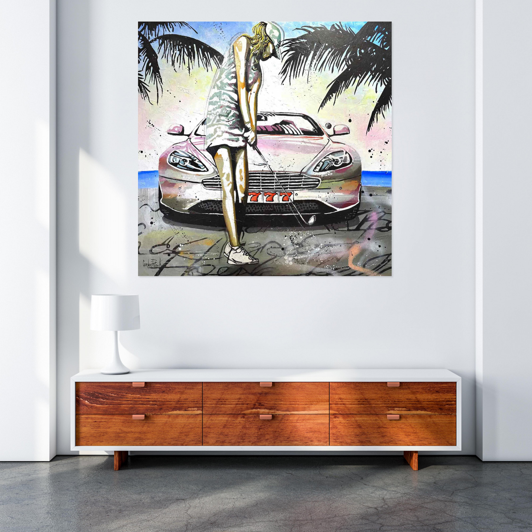 Patrick Cornée, Golf, the sea and my Aston Martin, painting - Artalistic online contemporary art buying and selling gallery
