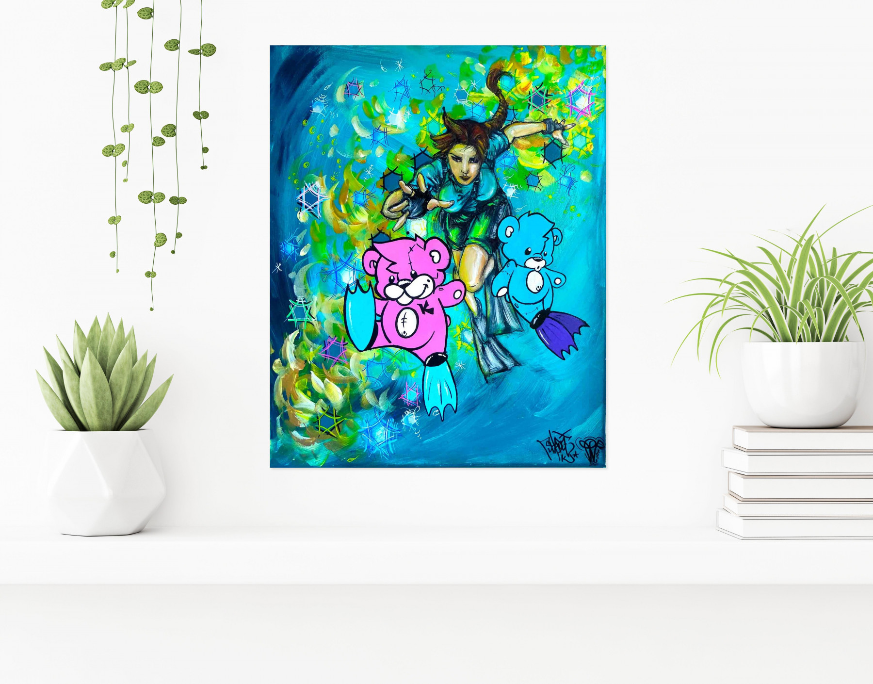 Priscilla Vettese, Lara Croft Kevinours diving, painting - Artalistic online contemporary art buying and selling gallery