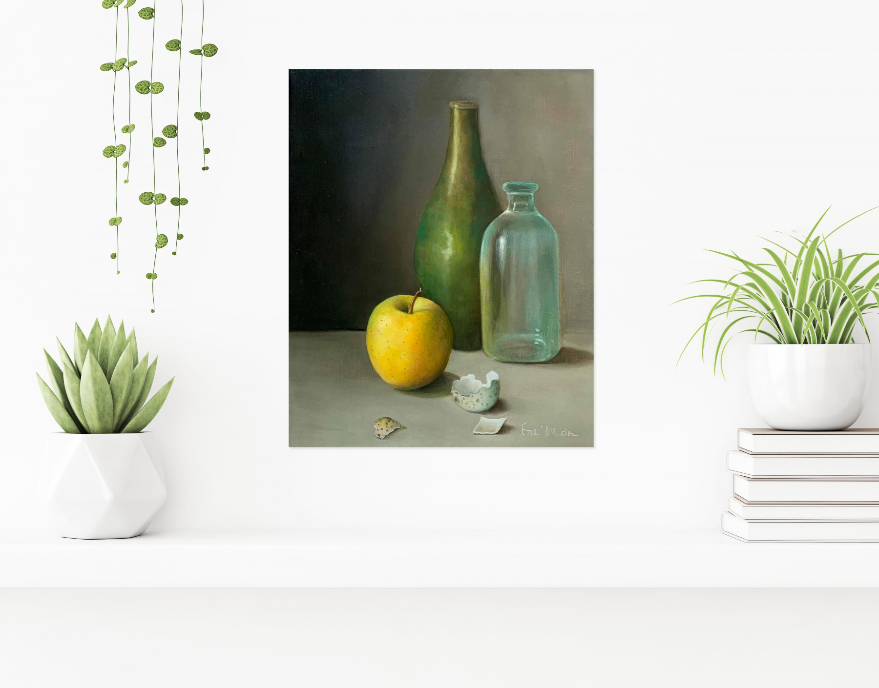 France Mondello, Deux bouteilles une pomme une coquille, painting - Artalistic online contemporary art buying and selling gallery
