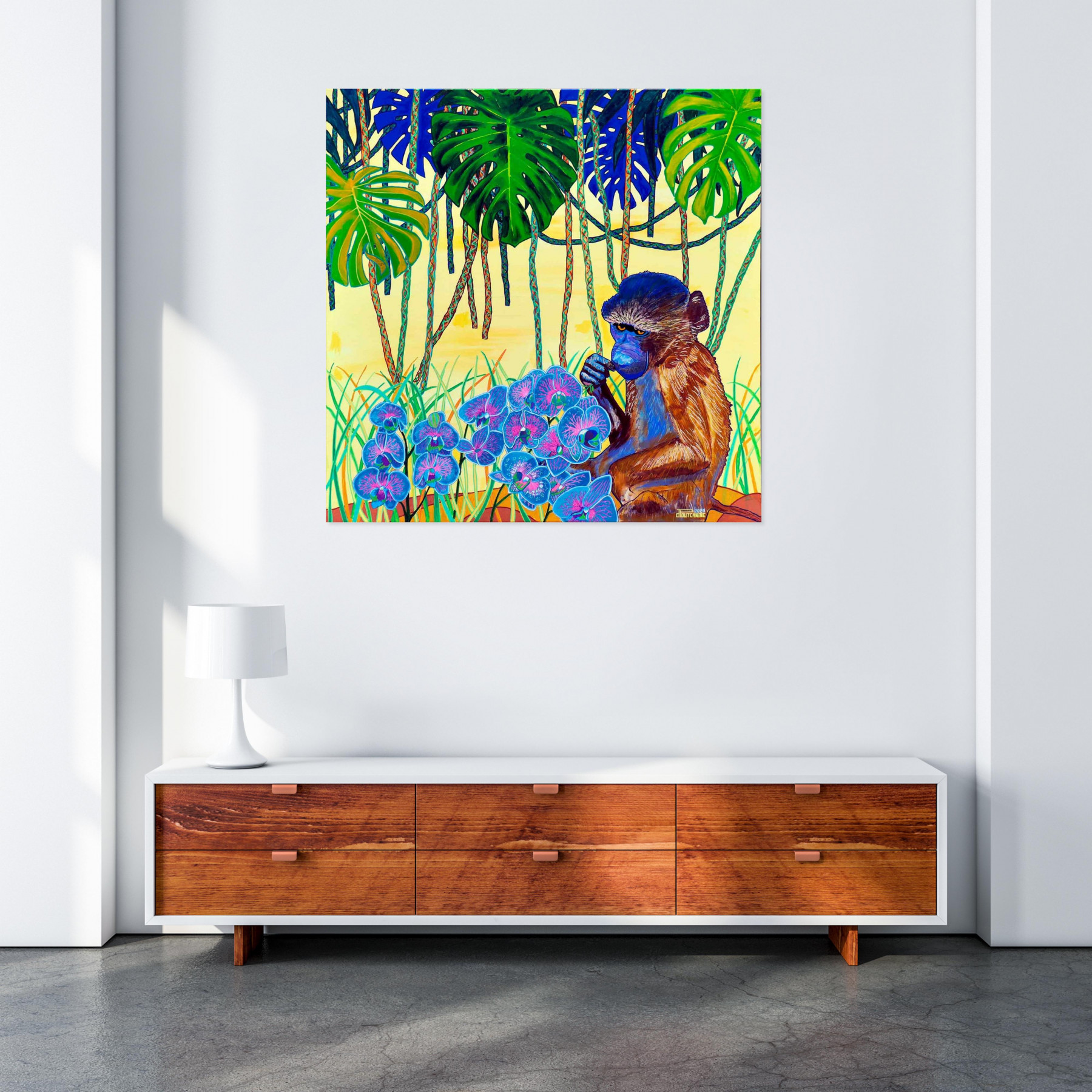 Pascal Poutchnine, Bébé babouin olive à la brindille, painting - Artalistic online contemporary art buying and selling gallery