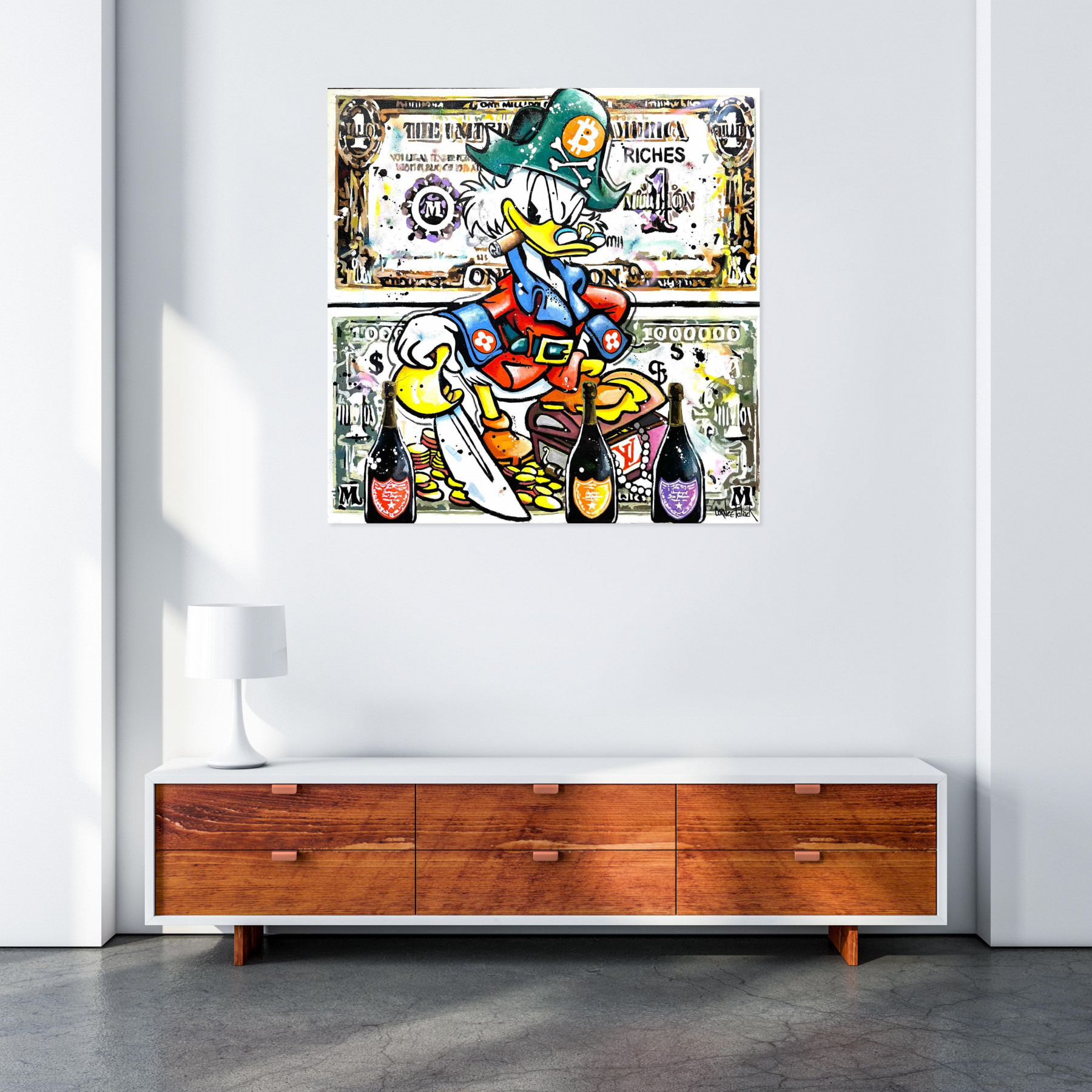 Patrick Cornee, Uncle Scrooge, one million dollars, Painting - Artalistic online contemporary art buying and selling gallery
