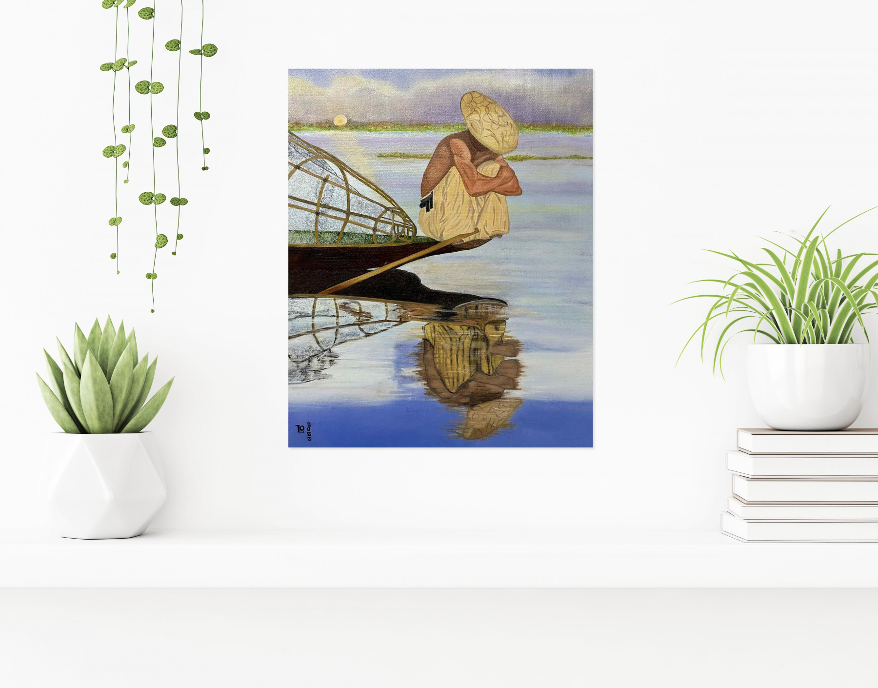 Laurence Oeillet, Le pêcheur du lac Inlé, Painting - Artalistic online contemporary art buying and selling gallery