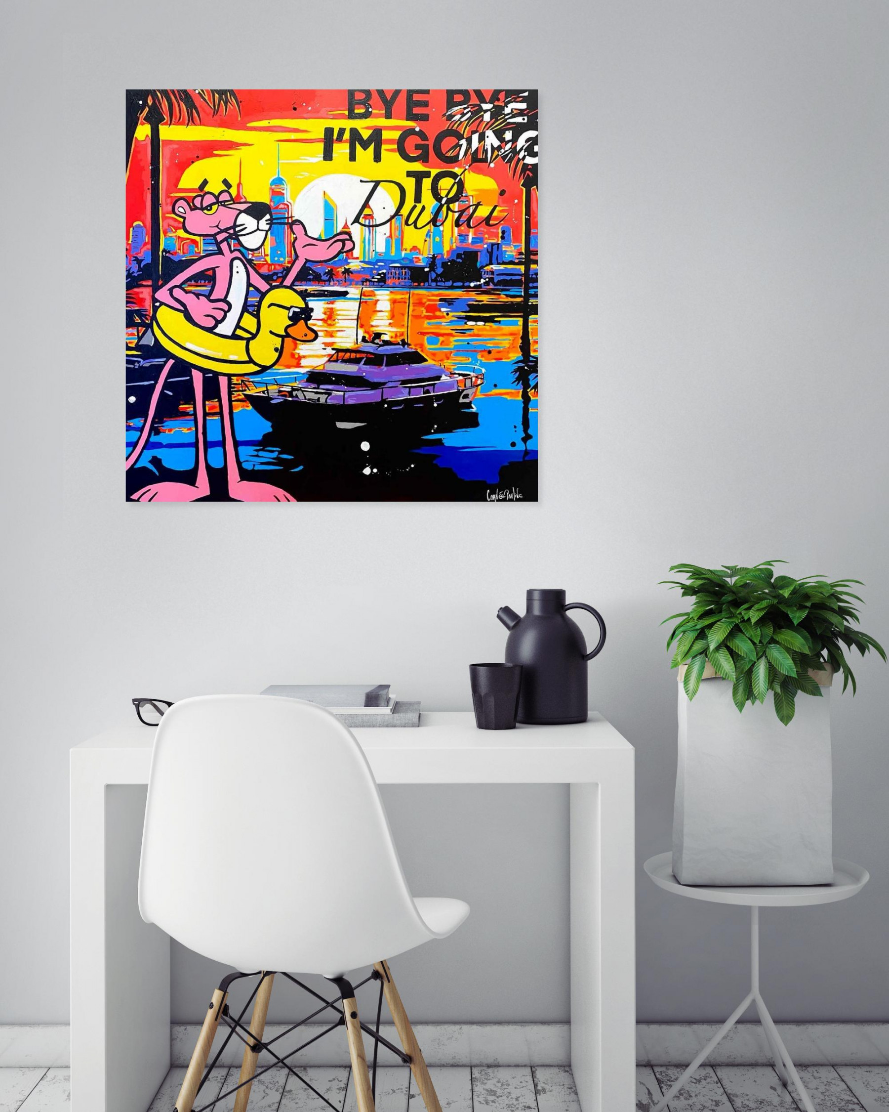 Pauline Cornée, Pink Panther in Dubai, painting - Artalistic online contemporary art buying and selling gallery