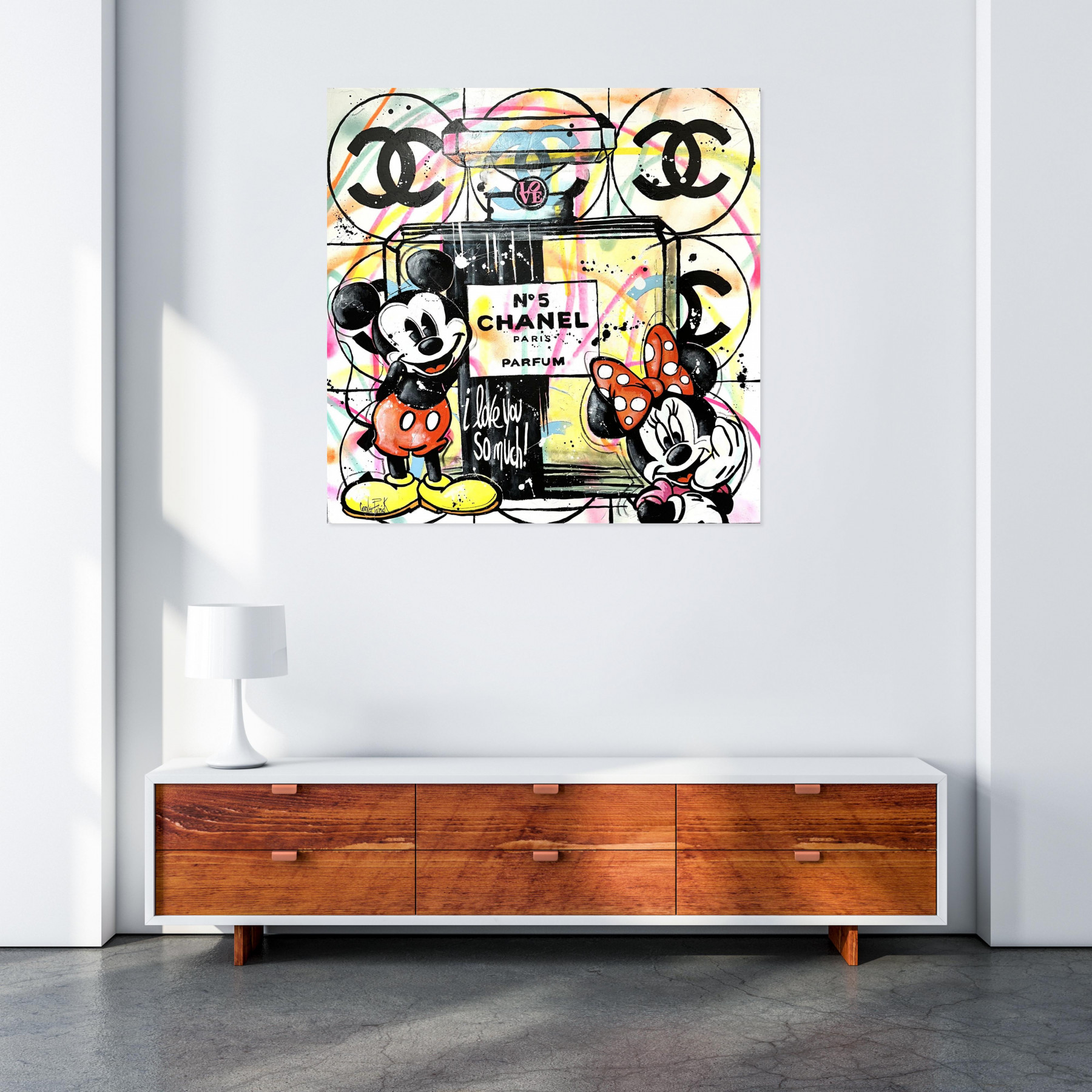 Patrick Cornée, Mickey offre à Minnie le parfum Chanel n°5, painting - Artalistic online contemporary art buying and selling gallery