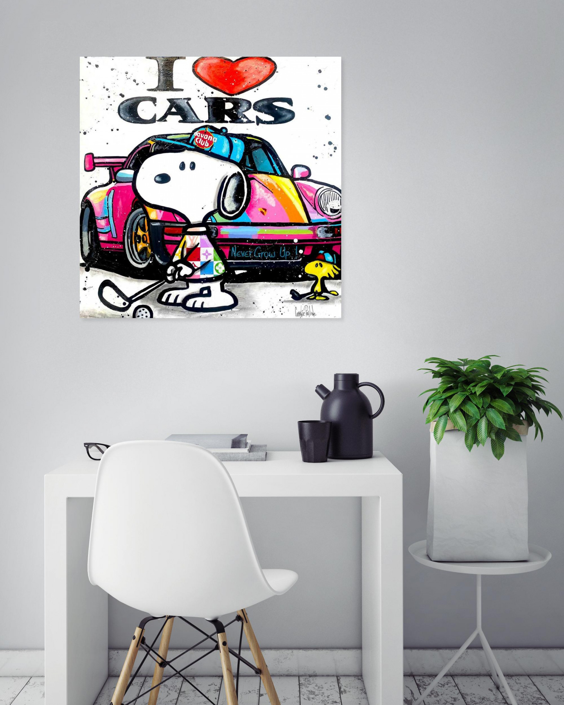 Pauline Cornée, Snoopy plays golf next to Porsche, painting - Artalistic online contemporary art buying and selling gallery