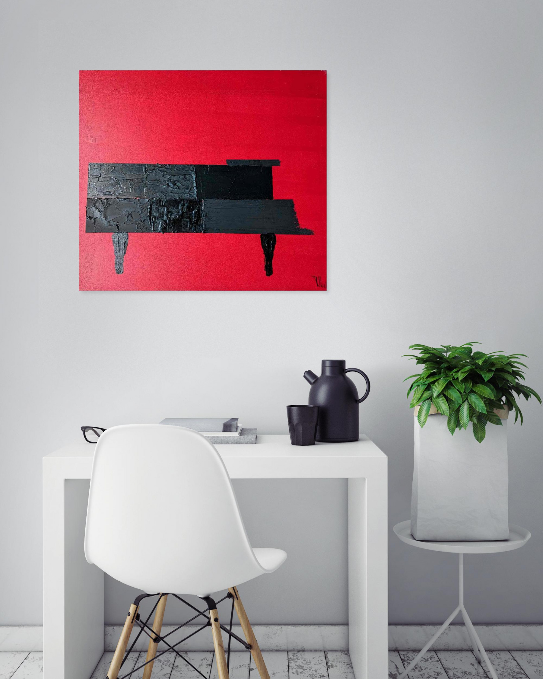 Jérôme Rudin, Le piano noir sur fond rouge, painting - Artalistic online contemporary art buying and selling gallery