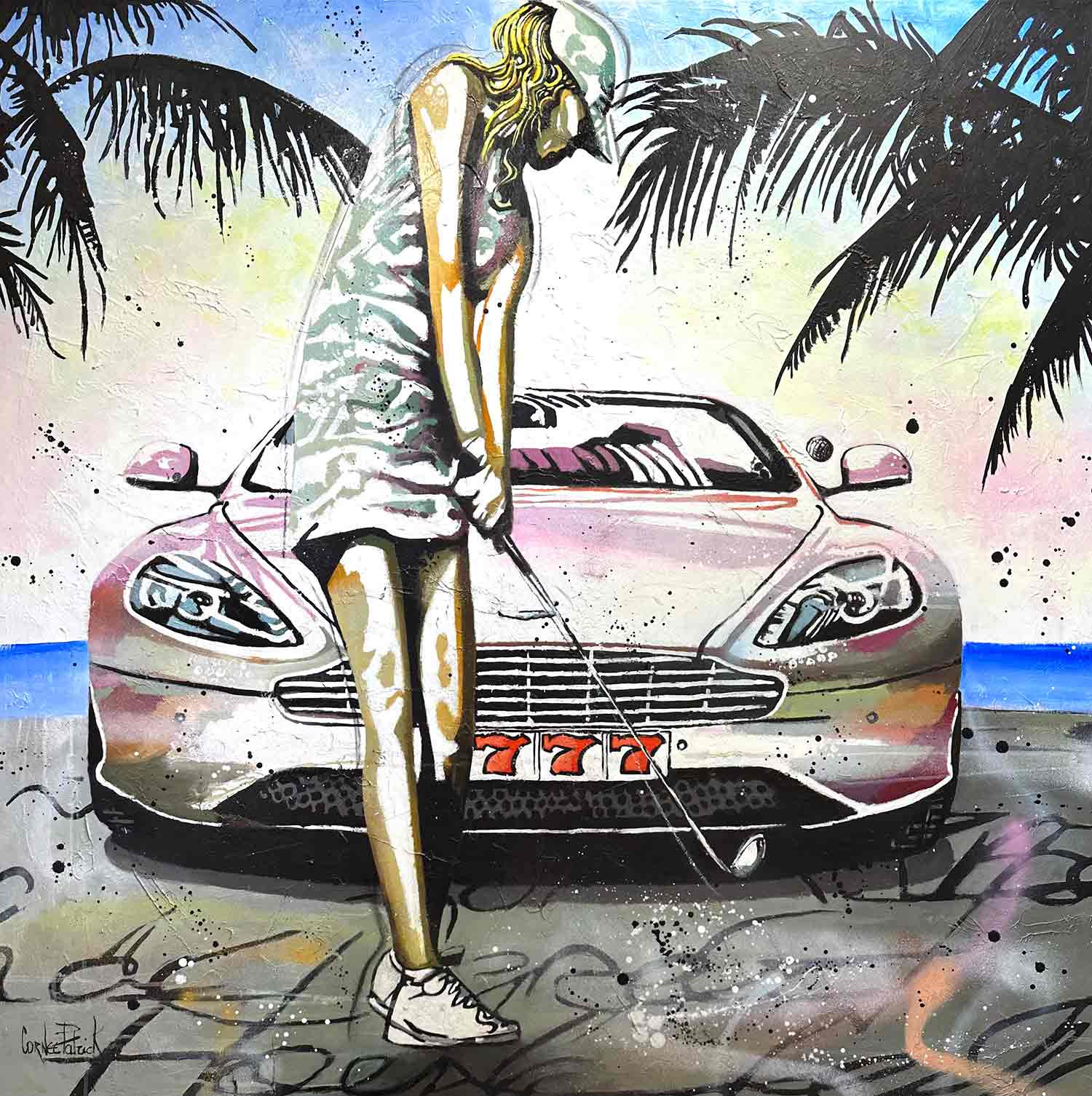 Patrick Cornée, Golf, the sea and my Aston Martin, painting - Artalistic online contemporary art buying and selling gallery