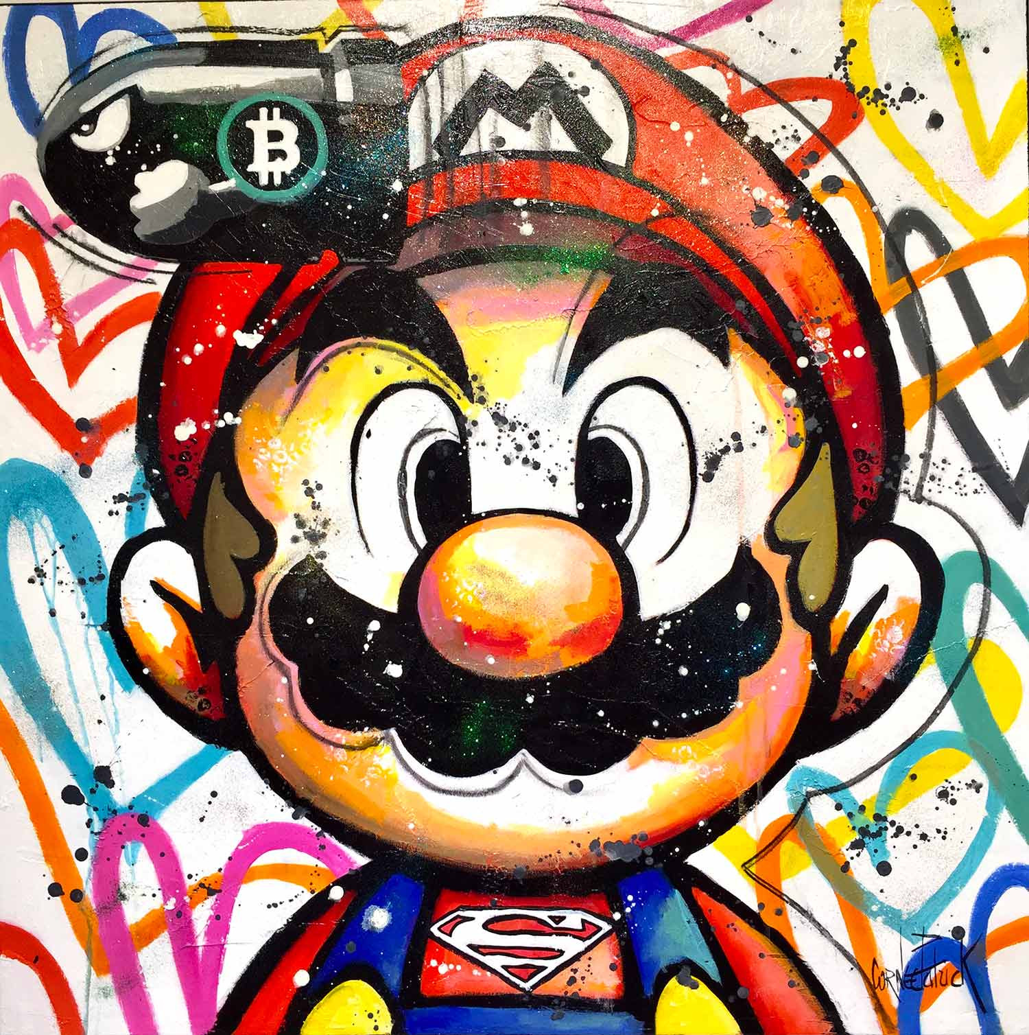 Patrick Cornée, Mario loves Bitcoins, painting - Artalistic online contemporary art buying and selling gallery