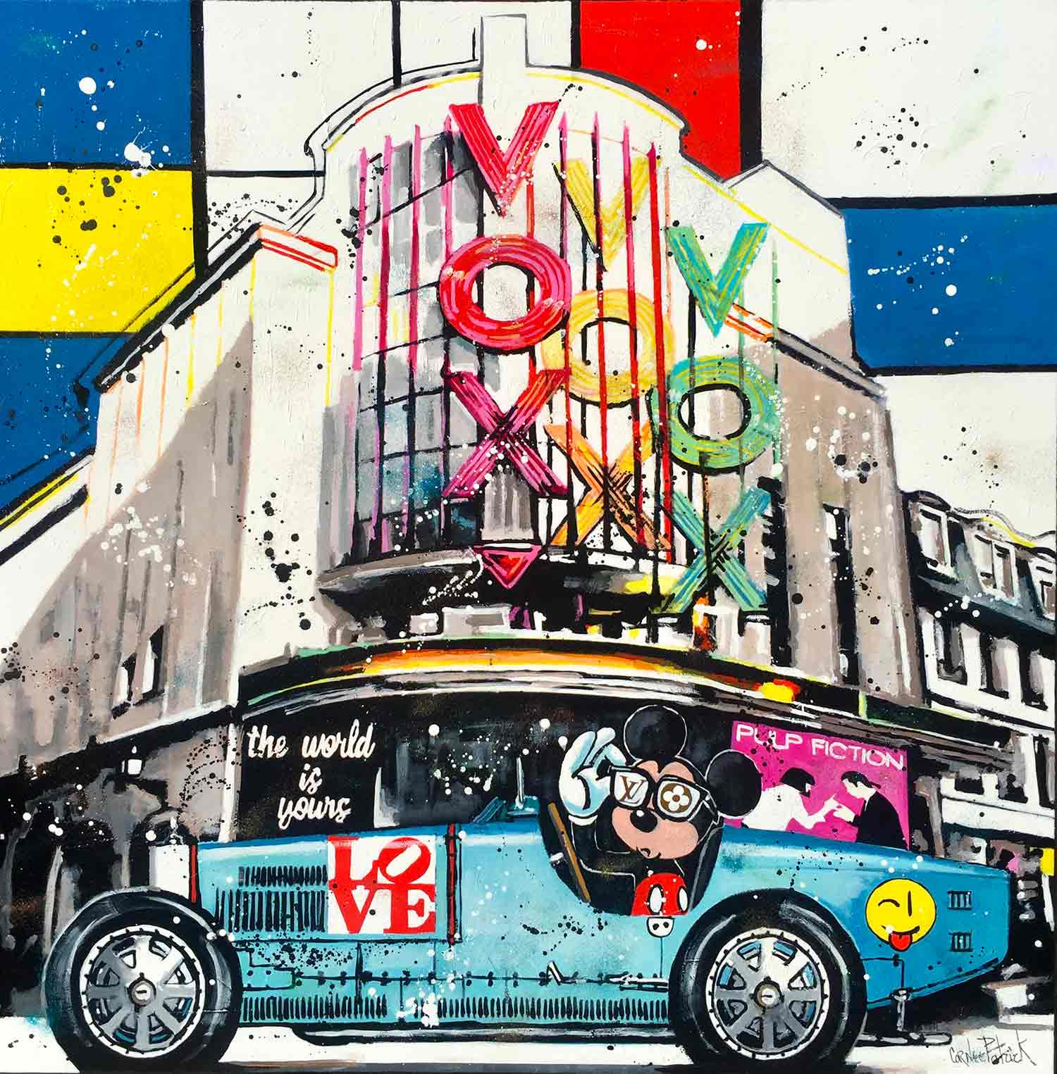 Patrick Cornée, Mickey goes to the cinema in a Bugatti, painting - Artalistic online contemporary art buying and selling gallery