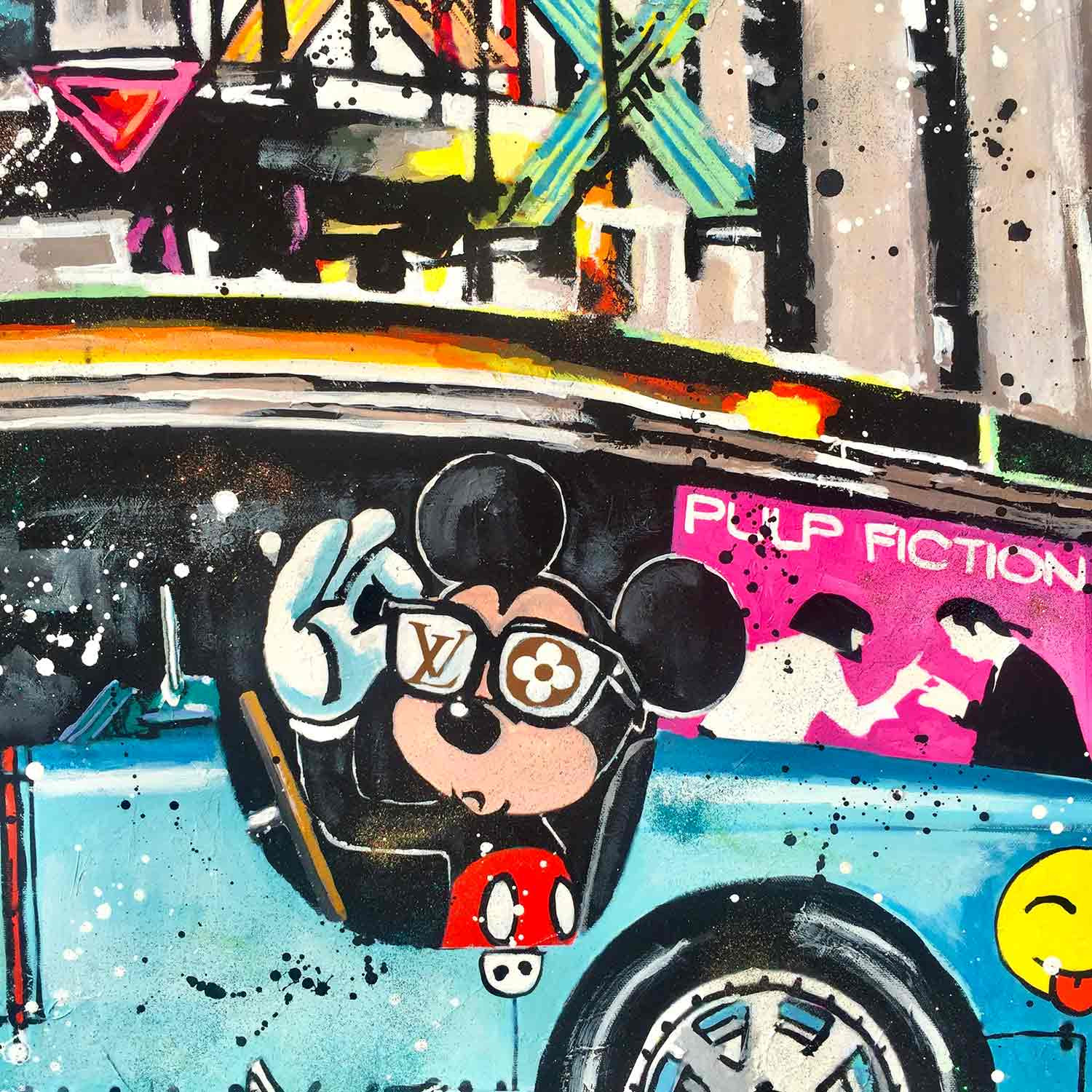 Patrick Cornée, Mickey goes to the cinema in a Bugatti, painting - Artalistic online contemporary art buying and selling gallery
