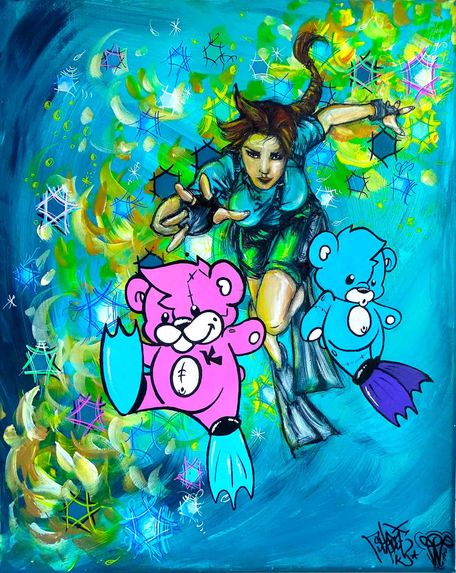 Priscilla Vettese, Lara Croft Kevinours diving, painting - Artalistic online contemporary art buying and selling gallery
