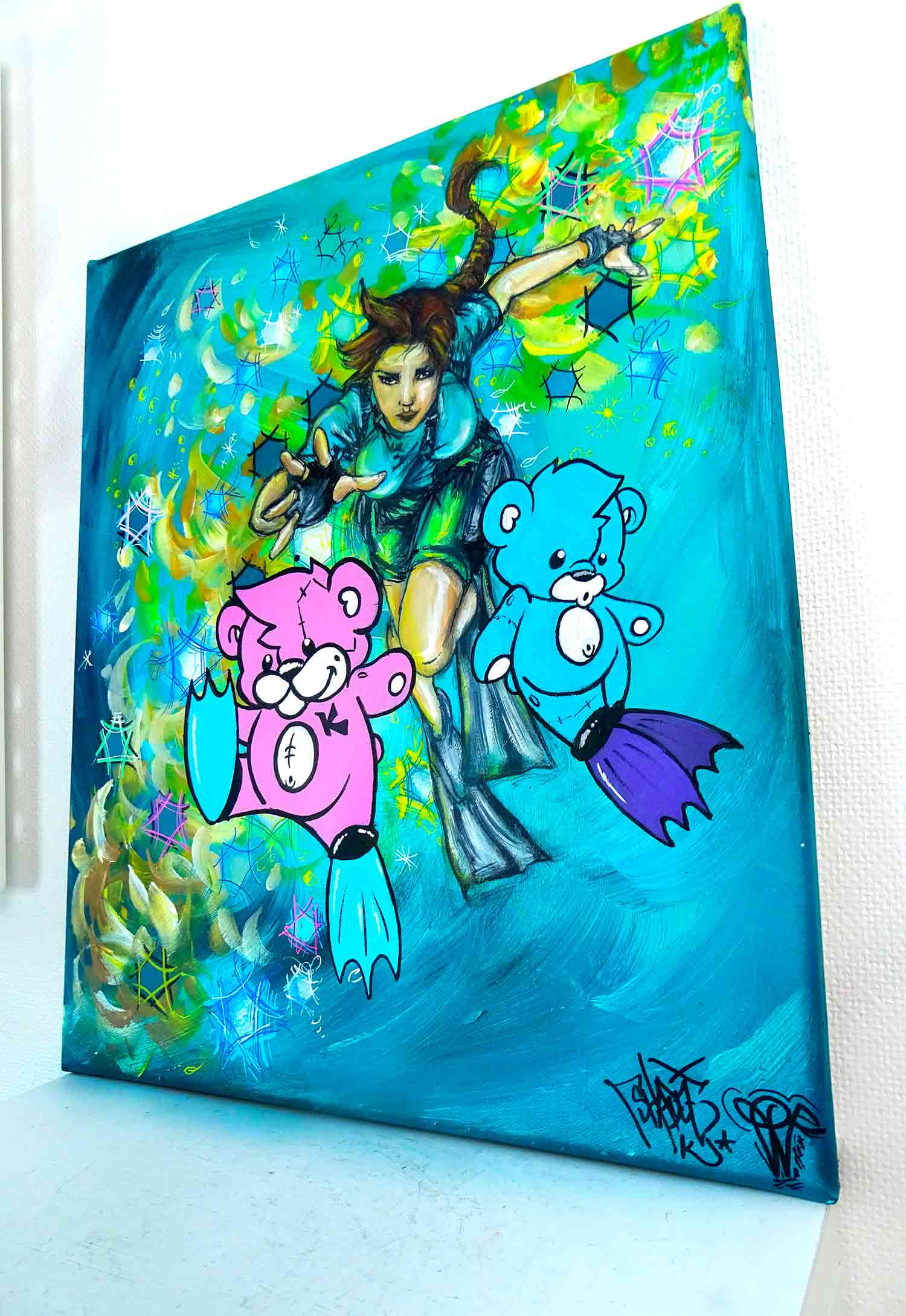 Priscilla Vettese, Lara Croft Kevinours diving, painting - Artalistic online contemporary art buying and selling gallery