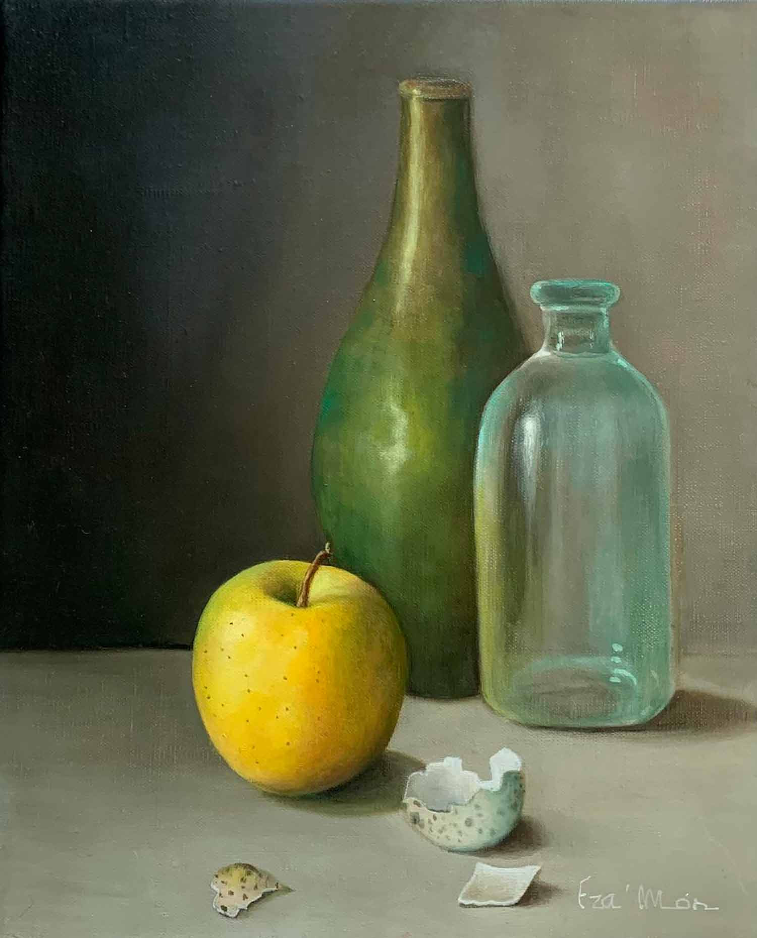 France Mondello, Deux bouteilles une pomme une coquille, painting - Artalistic online contemporary art buying and selling gallery
