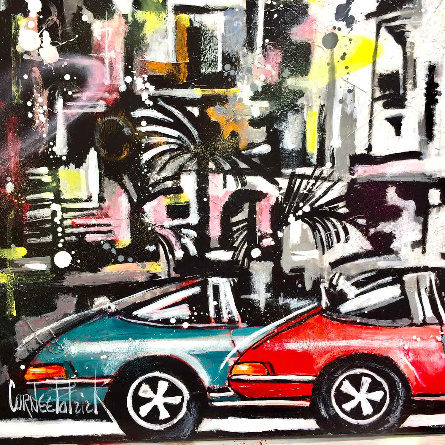 Patrick Cornée, Lovers in red Porsche 911, painting - Artalistic online contemporary art buying and selling gallery