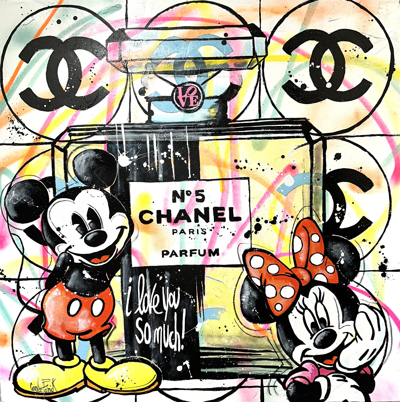 Patrick Cornée, Mickey offre à Minnie le parfum Chanel n°5, painting - Artalistic online contemporary art buying and selling gallery