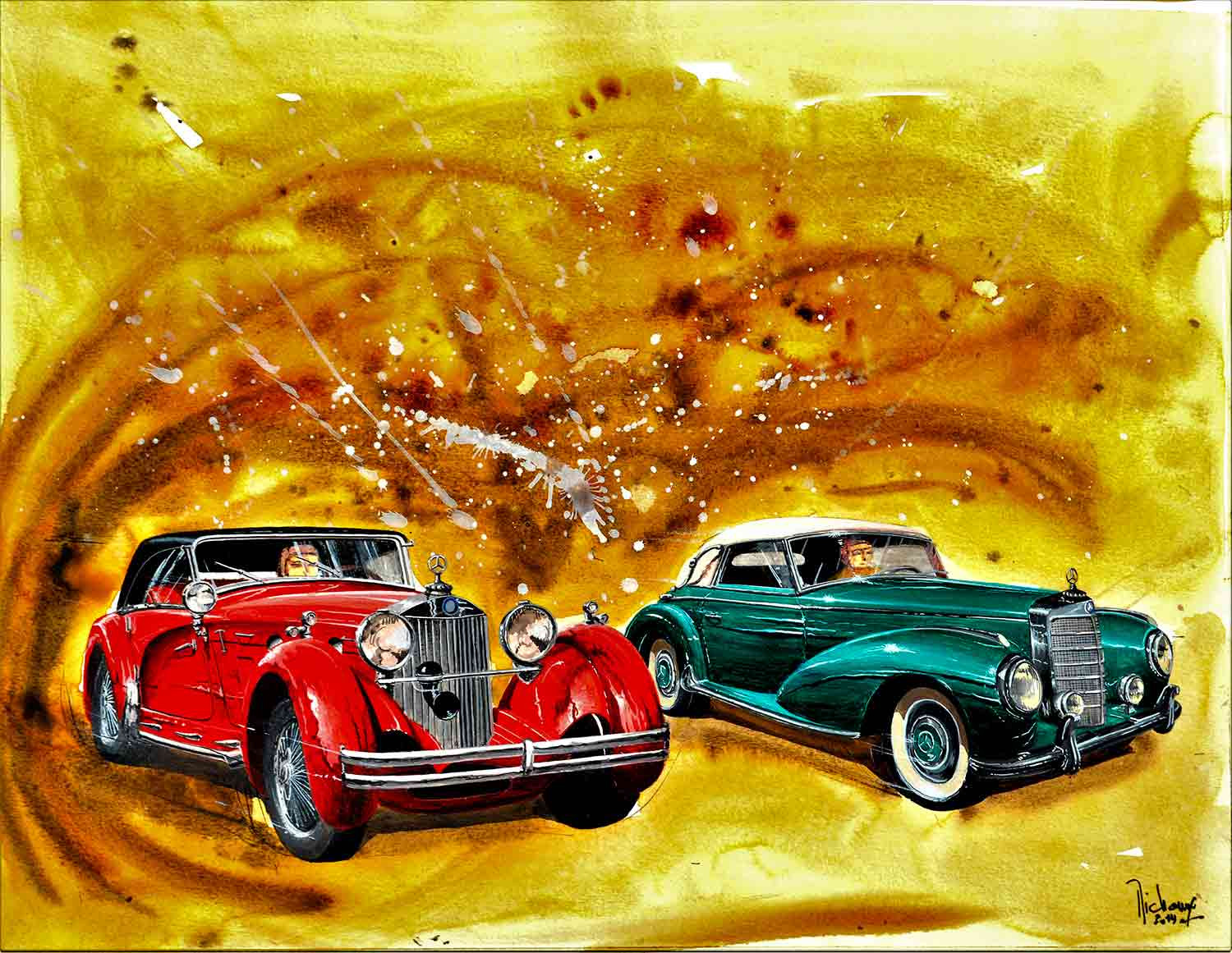 Michel Michaux, La promenade des deux Mercedes, painting - Artalistic online contemporary art buying and selling gallery