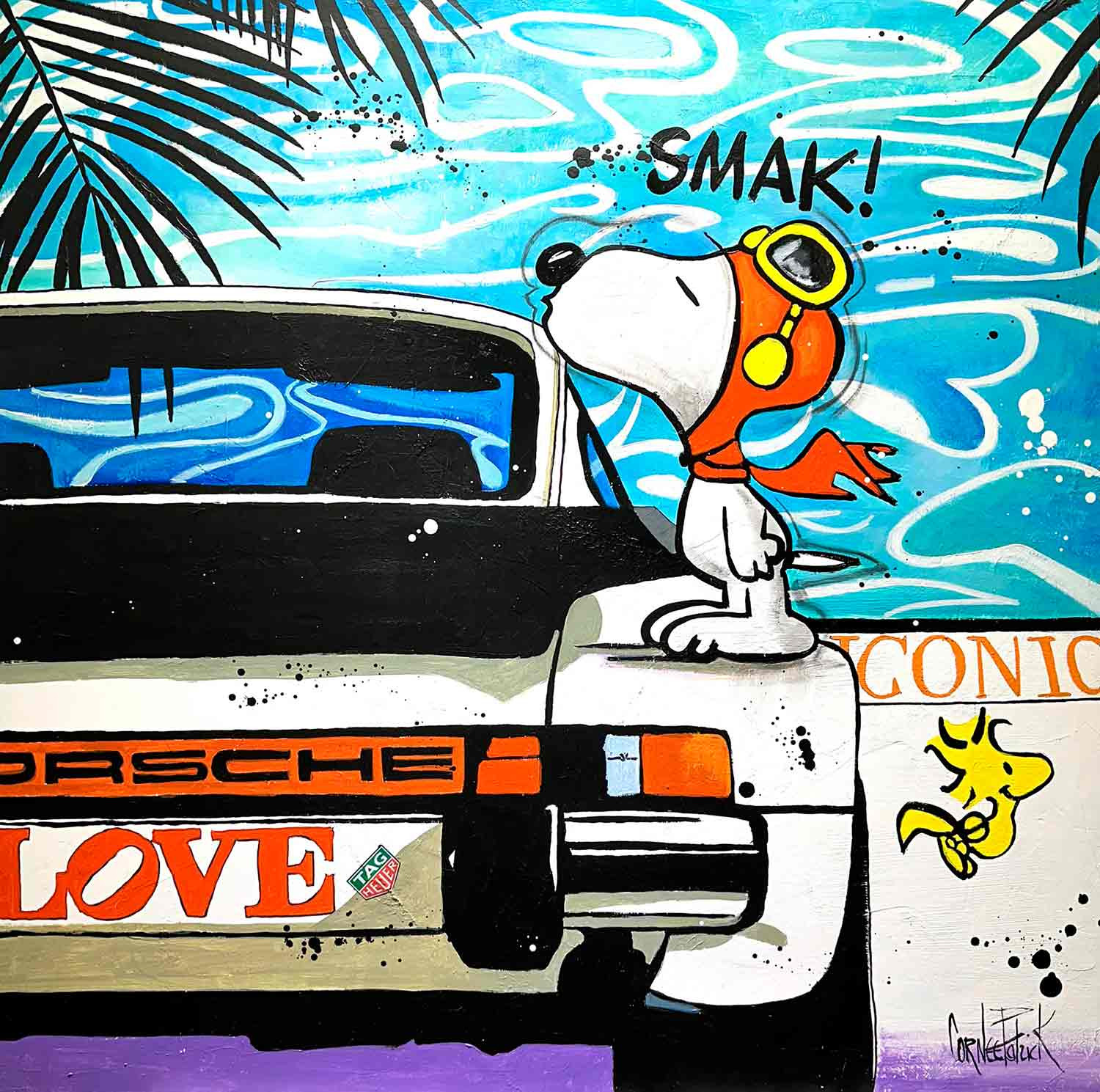 Patrick Cornée, Snoopy loves the party and Porsches, painting - Artalistic online contemporary art buying and selling gallery