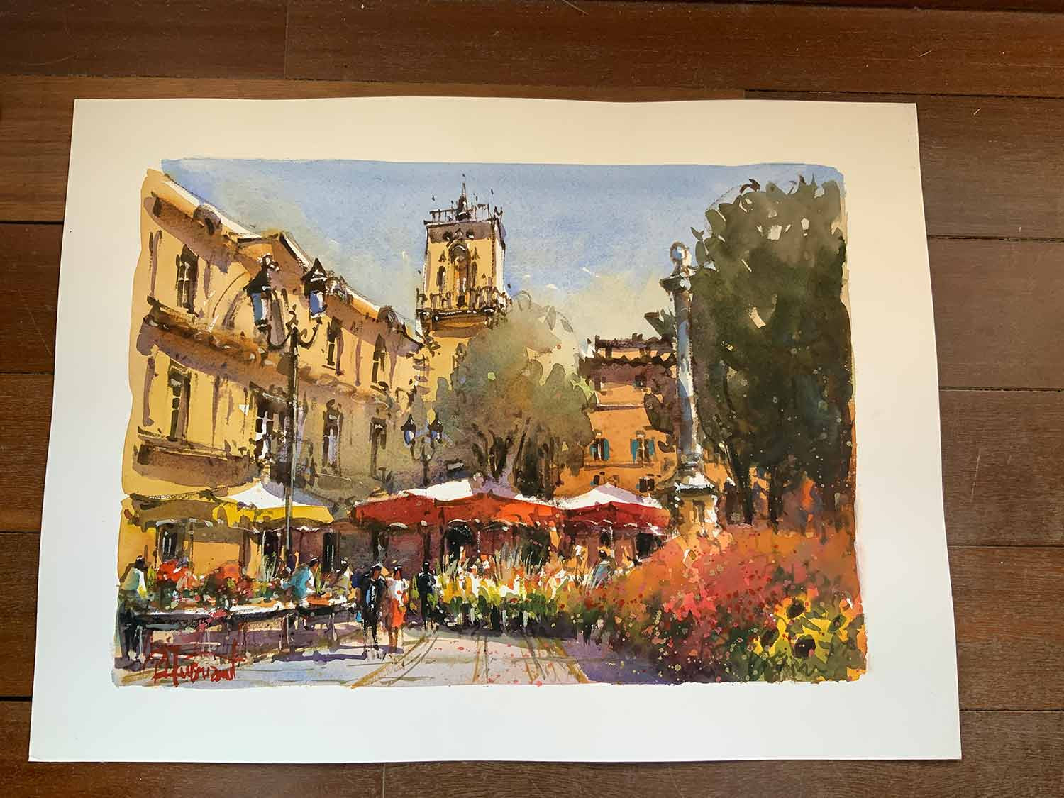 Pascal Maucourant, La place de la mairie, watercolor - Artalistic online contemporary art buying and selling gallery