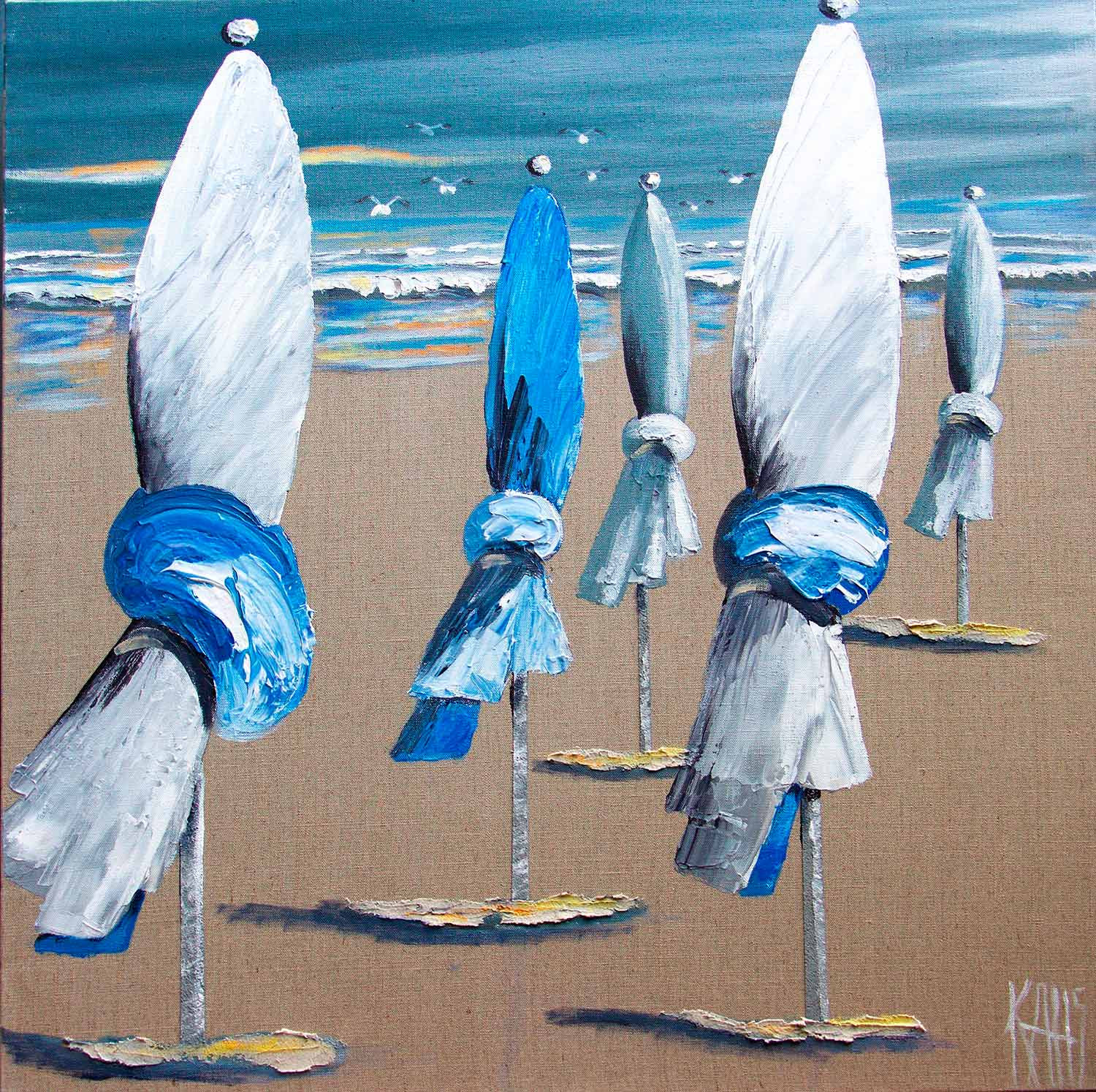 Michele Klaus, Les parasols sur la plage, painting - Artalistic online contemporary art buying and selling gallery