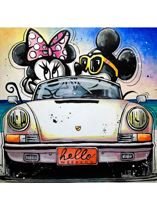 Minnie et Mickey  Mouse voyagent en Porsche sur la Nationale 7