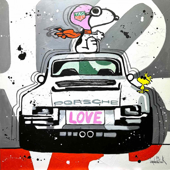 Snoopy dreams of driving a Porsche, grey version