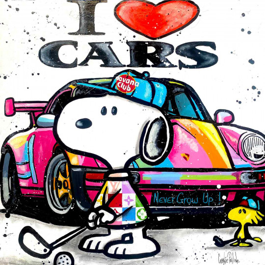 Snoopy plays golf next to Porsche