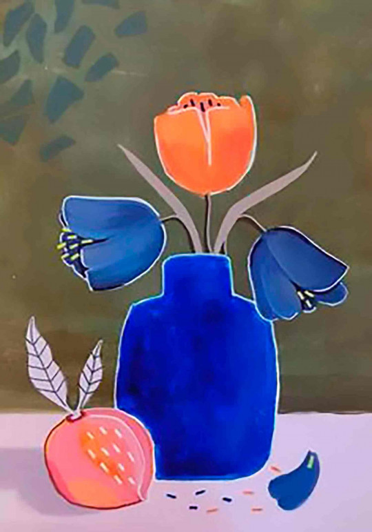 Fleurs dans vase bleu et pêche