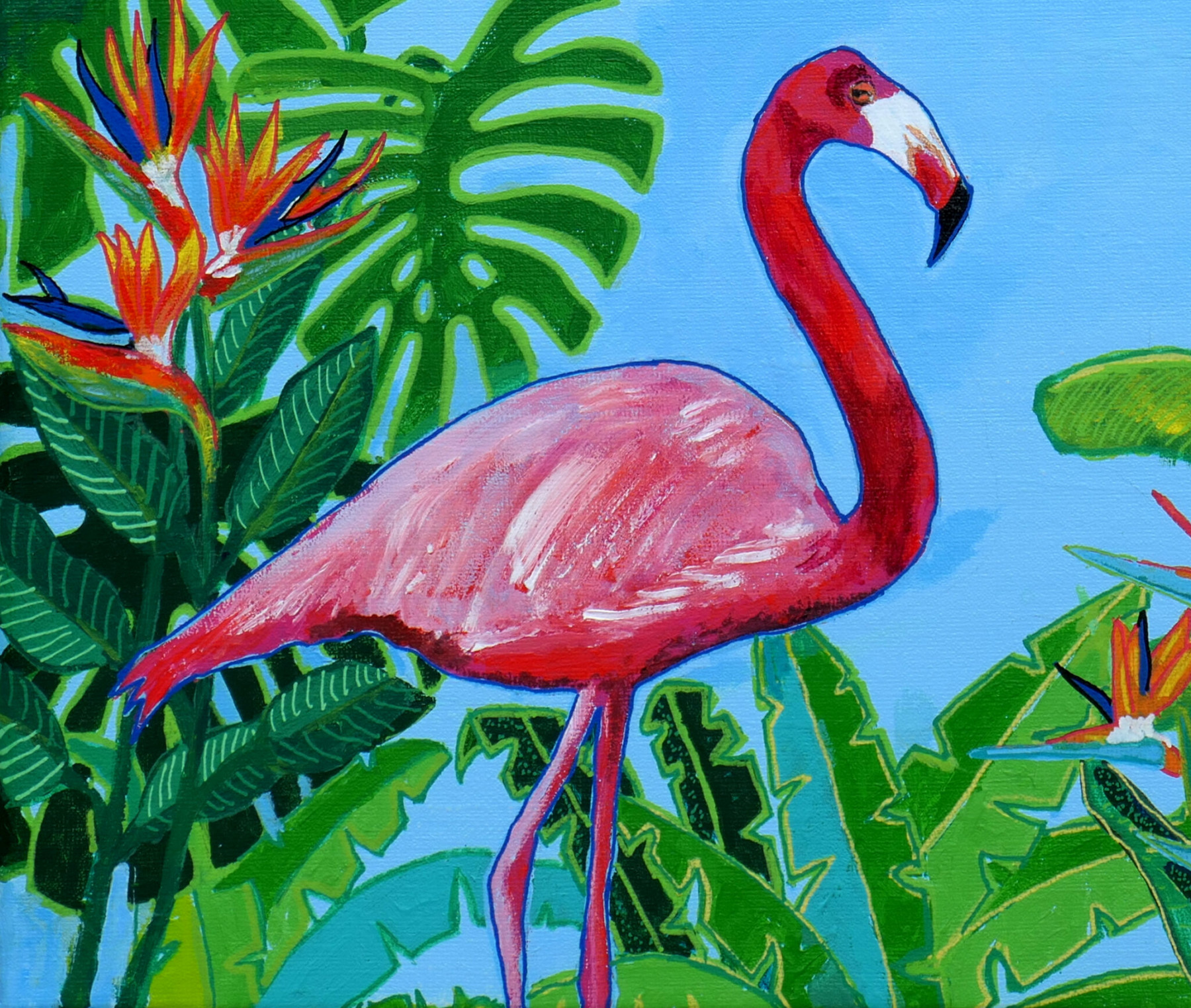 Pascal Poutchnine, Flamant rose au paradis, peinture - Galerie de vente et d’achat d’art contemporain en ligne Artalistic