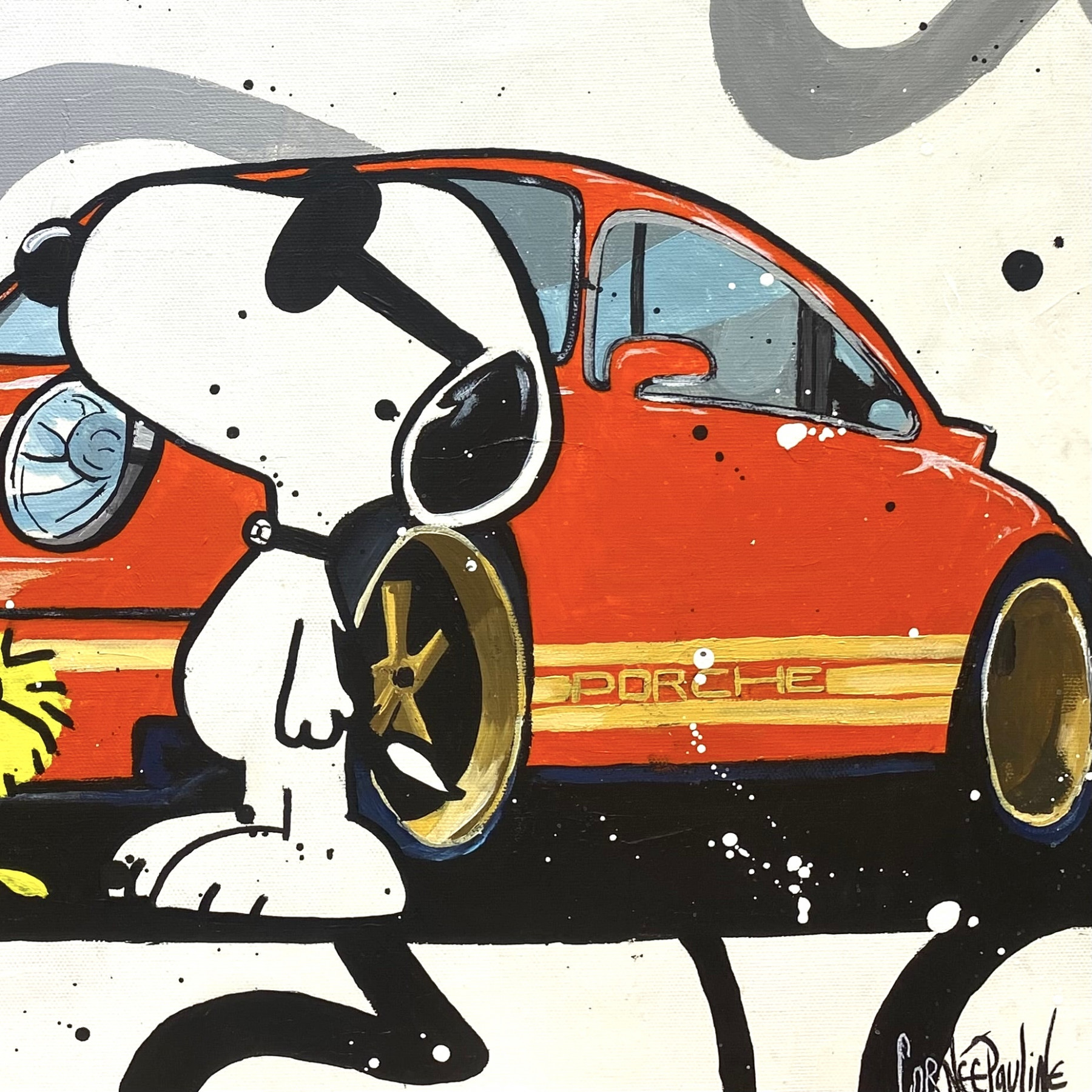Pauline Cornée, Snoopy et sa Porsche 911, peinture - Galerie de vente et d’achat d’art contemporain en ligne Artalistic