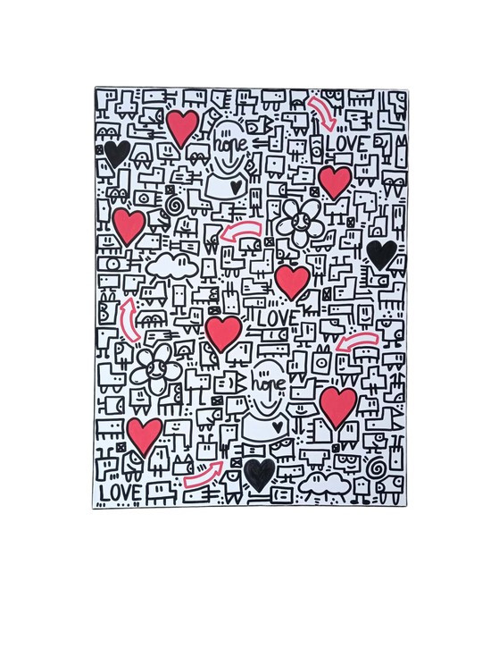 Mr Hope, Mr.Hope et son monde heart, peinture - Galerie de vente et d’achat d’art contemporain en ligne Artalistic