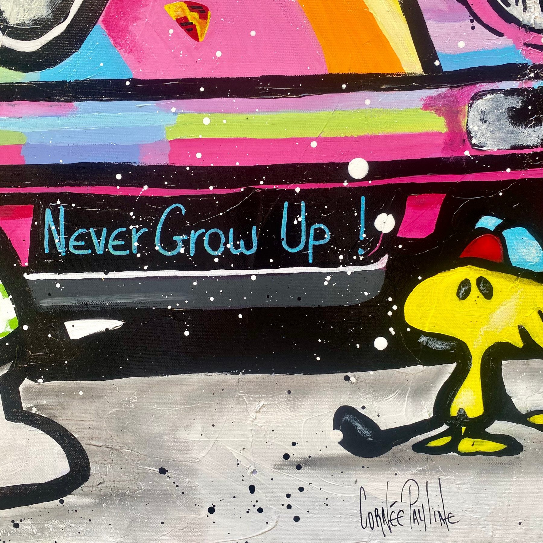 Pauline Cornée, Snoopy plays golf next to Porsche, peinture - Galerie de vente et d’achat d’art contemporain en ligne Artalistic