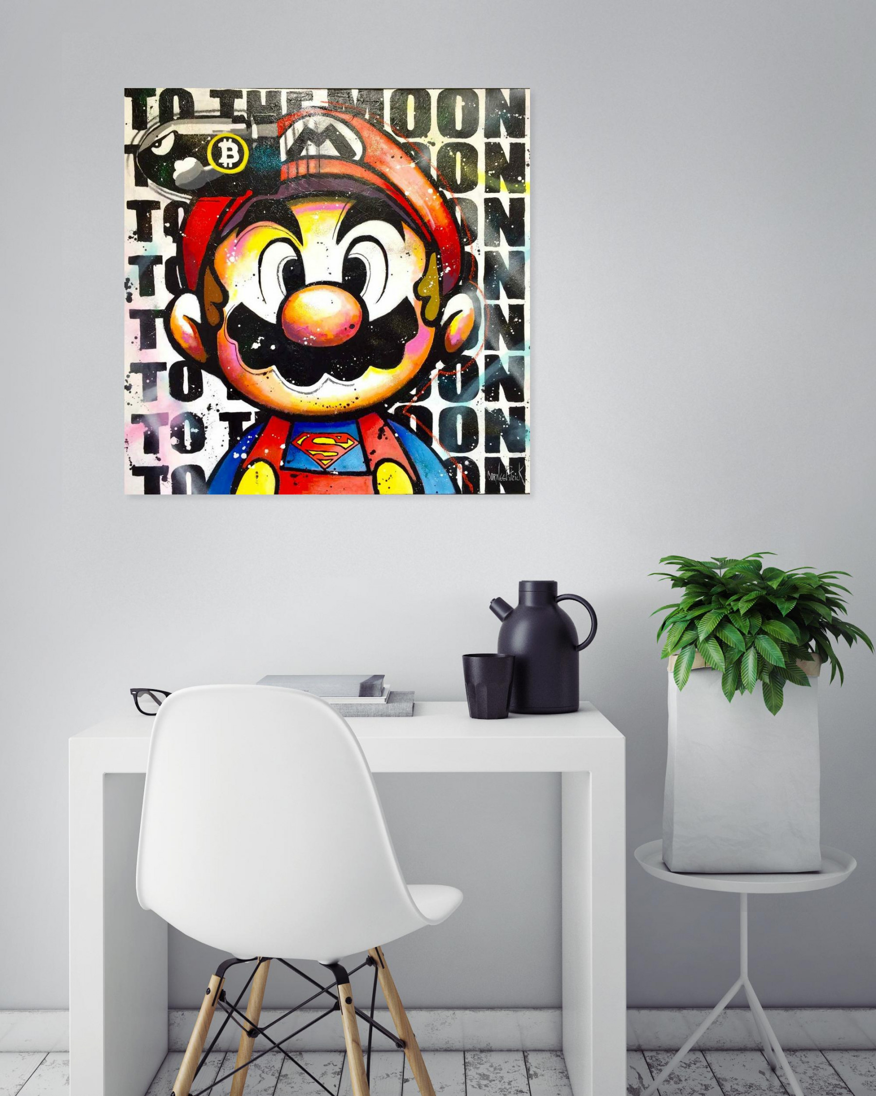 Patrick Cornée, Super Mario Bitcoin to the moon, peinture - Galerie de vente et d’achat d’art contemporain en ligne Artalistic