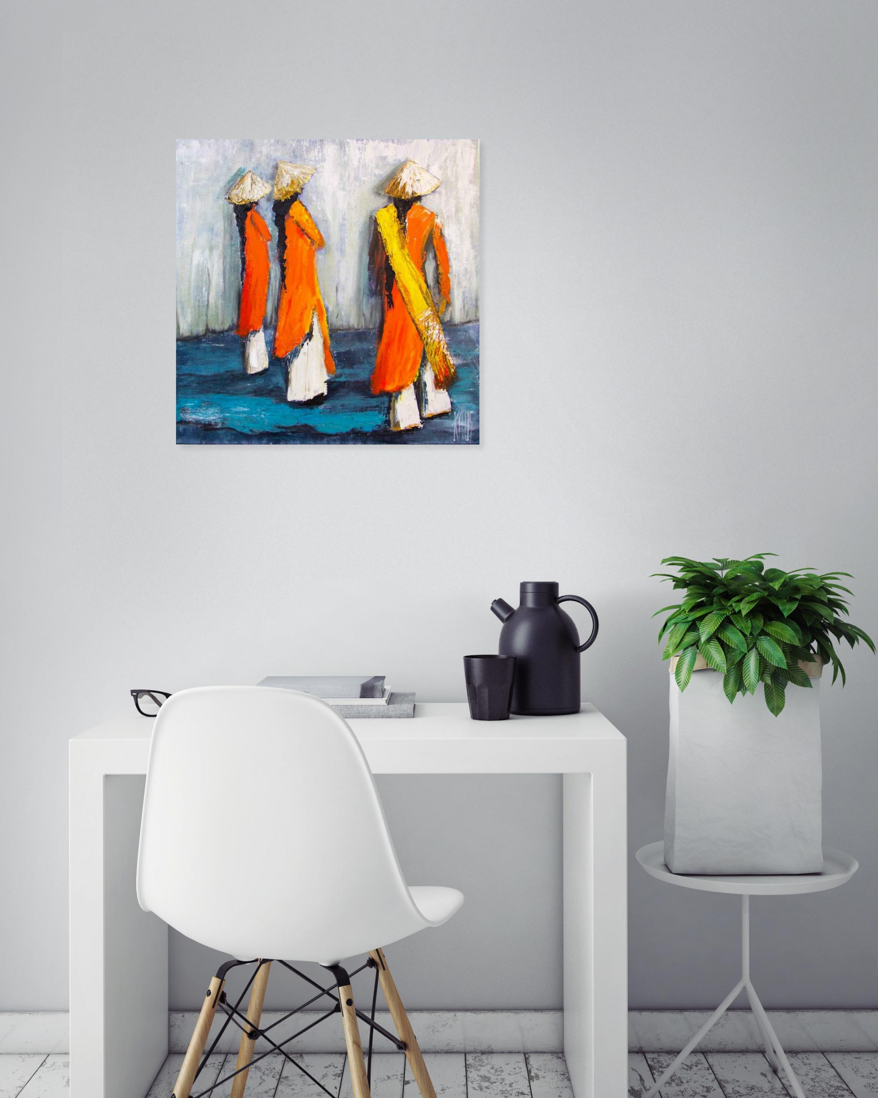 Michele Kaus, Les tuniques oranges, peinture - Galerie de vente et d’achat d’art contemporain en ligne Artalistic