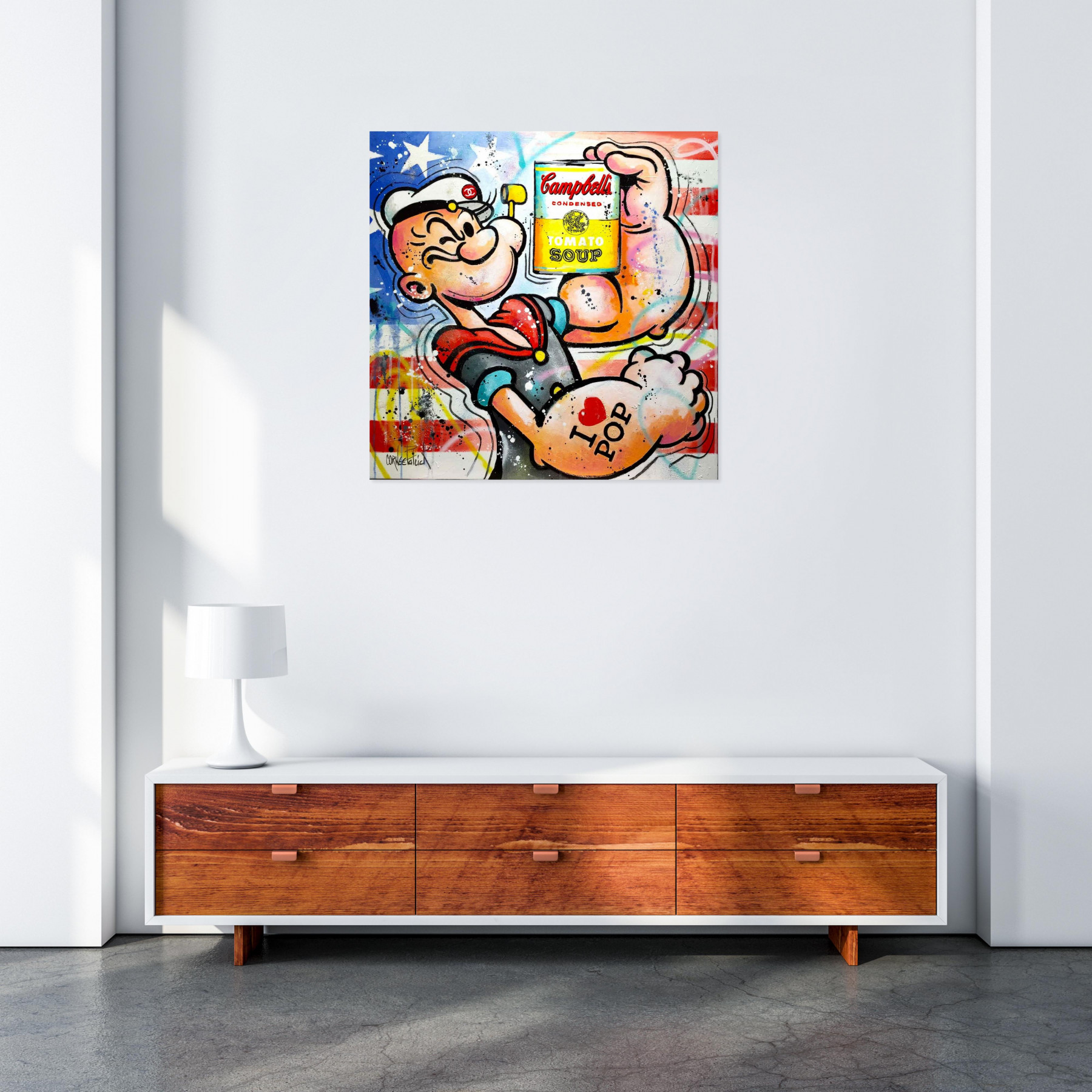 Patrick Cornée, Popeye likes pop art and Campbell's soup, peinture - Galerie de vente et d’achat d’art contemporain en ligne Artalistic