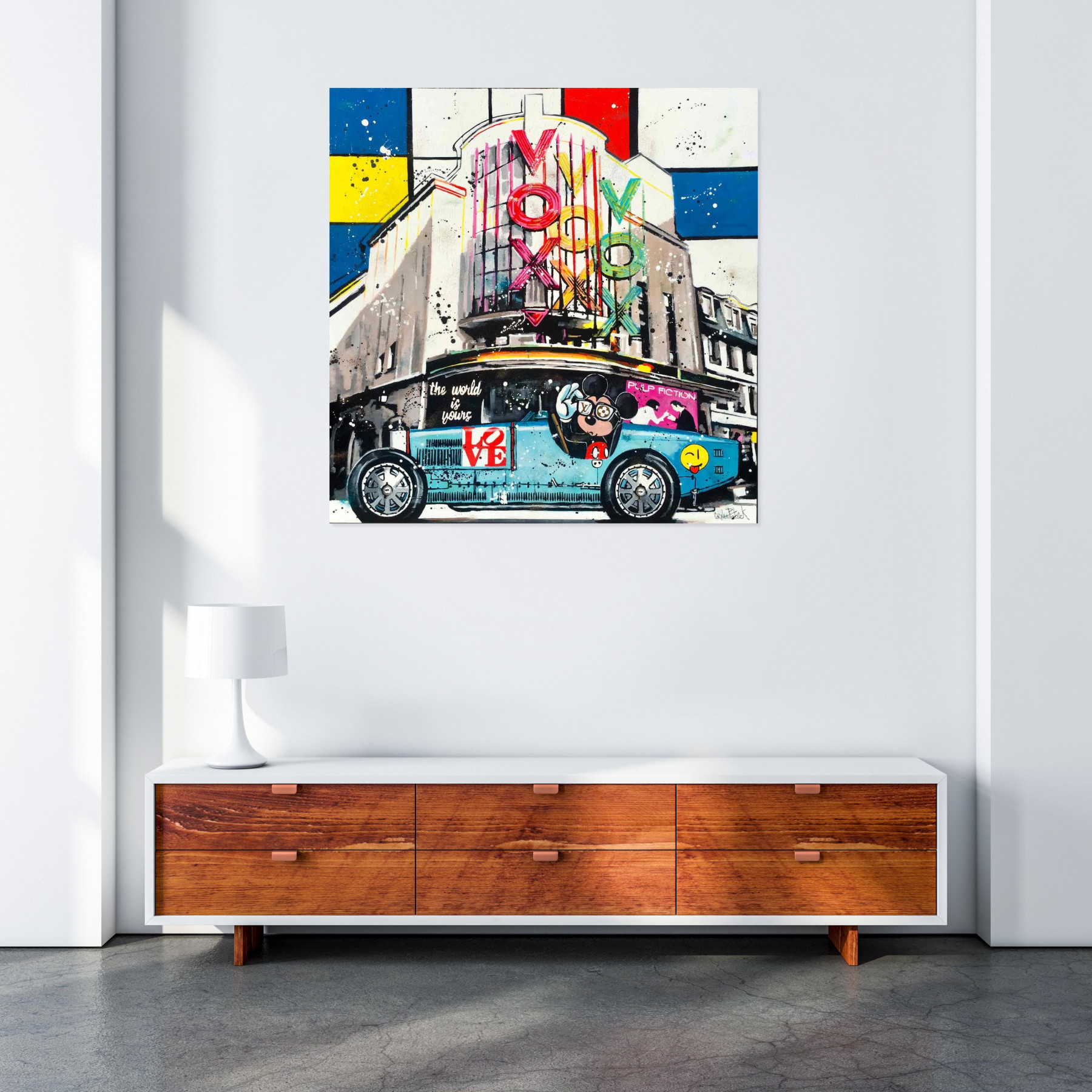 Patrick Cornée, Mickey goes to the cinema in a Bugatti, peinture - Galerie de vente et d’achat d’art contemporain en ligne Artalistic