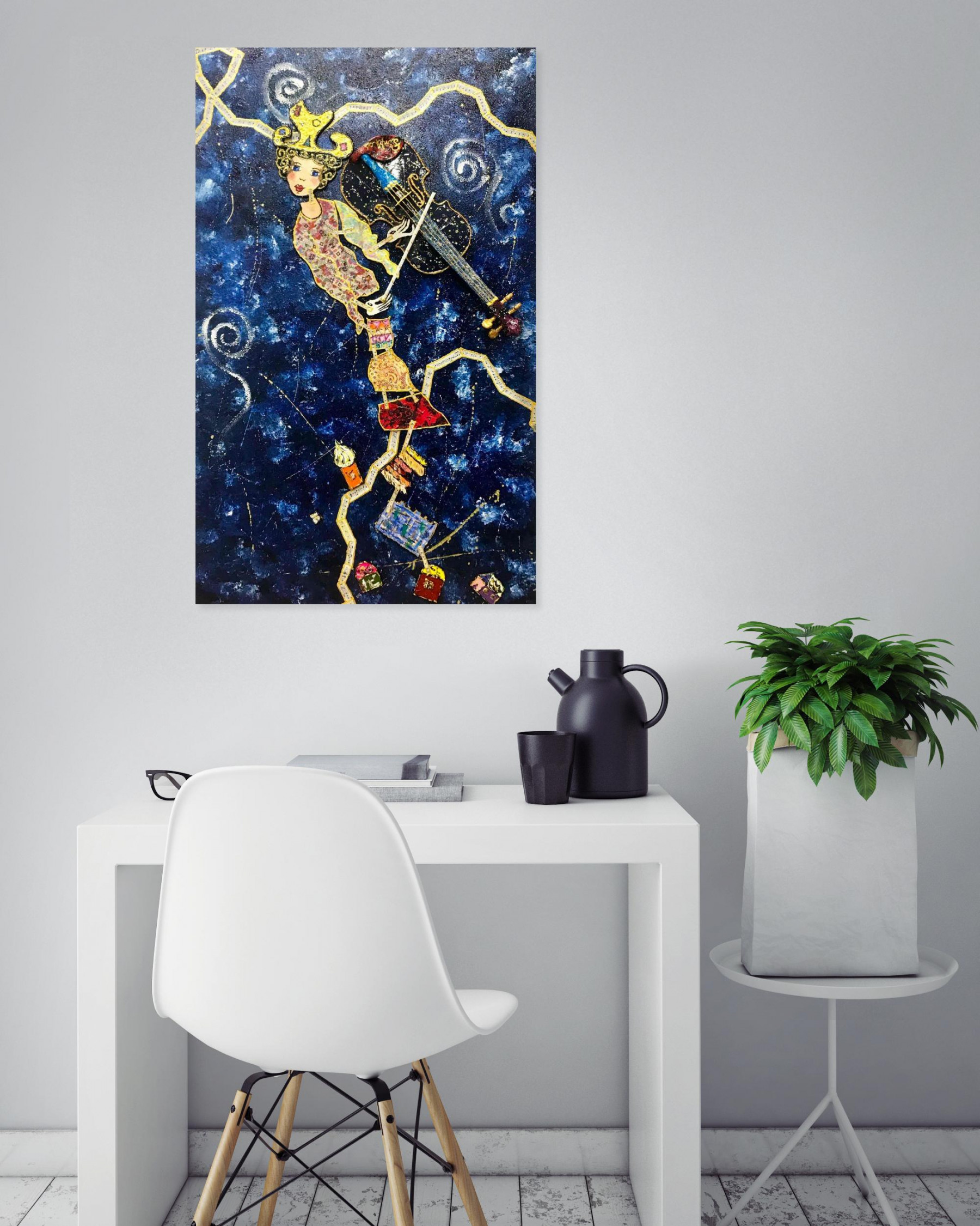Pinkhas, Violoniste au dessus du village, peinture - Galerie de vente et d’achat d’art contemporain en ligne Artalistic