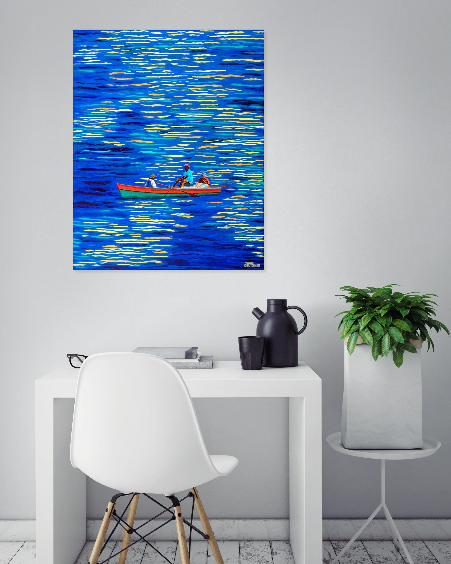 Pascal Poutchnine, Pêcheurs caribéens, soleil doré, peinture - Galerie de vente et d’achat d’art contemporain en ligne Artalistic