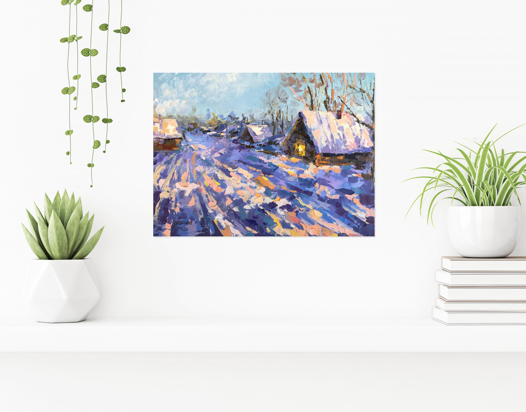 Oxypoint, Winter evening in the village, peinture - Galerie de vente et d’achat d’art contemporain en ligne Artalistic